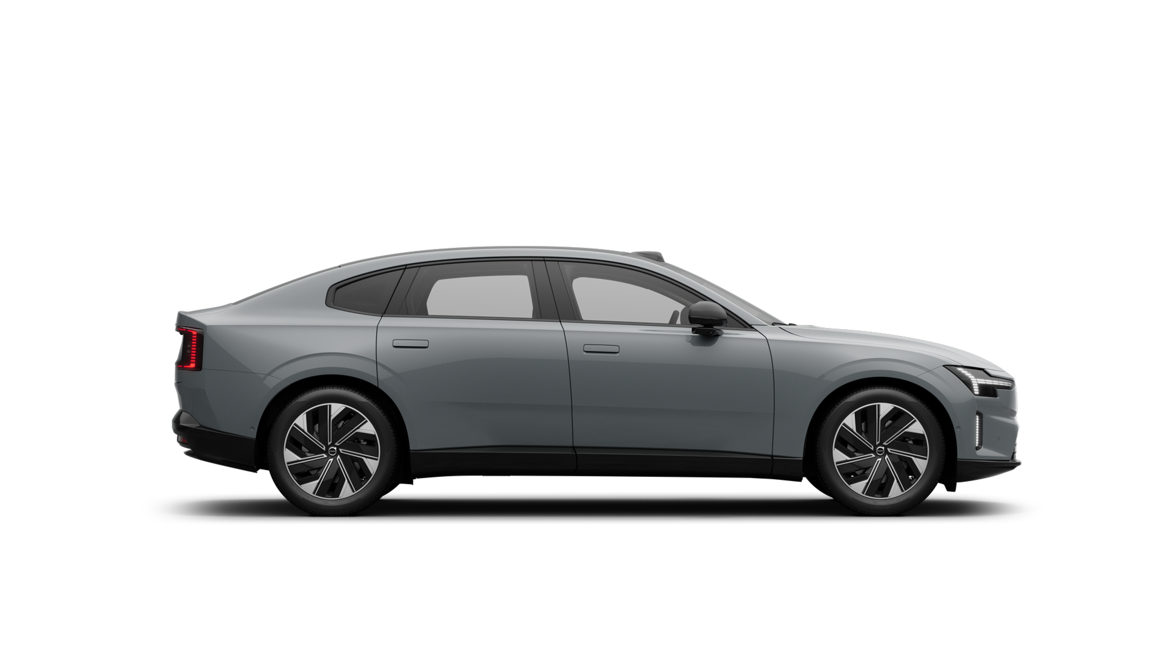 Eine graue Volvo ES90 Limousine auf grauem Hintergrund.