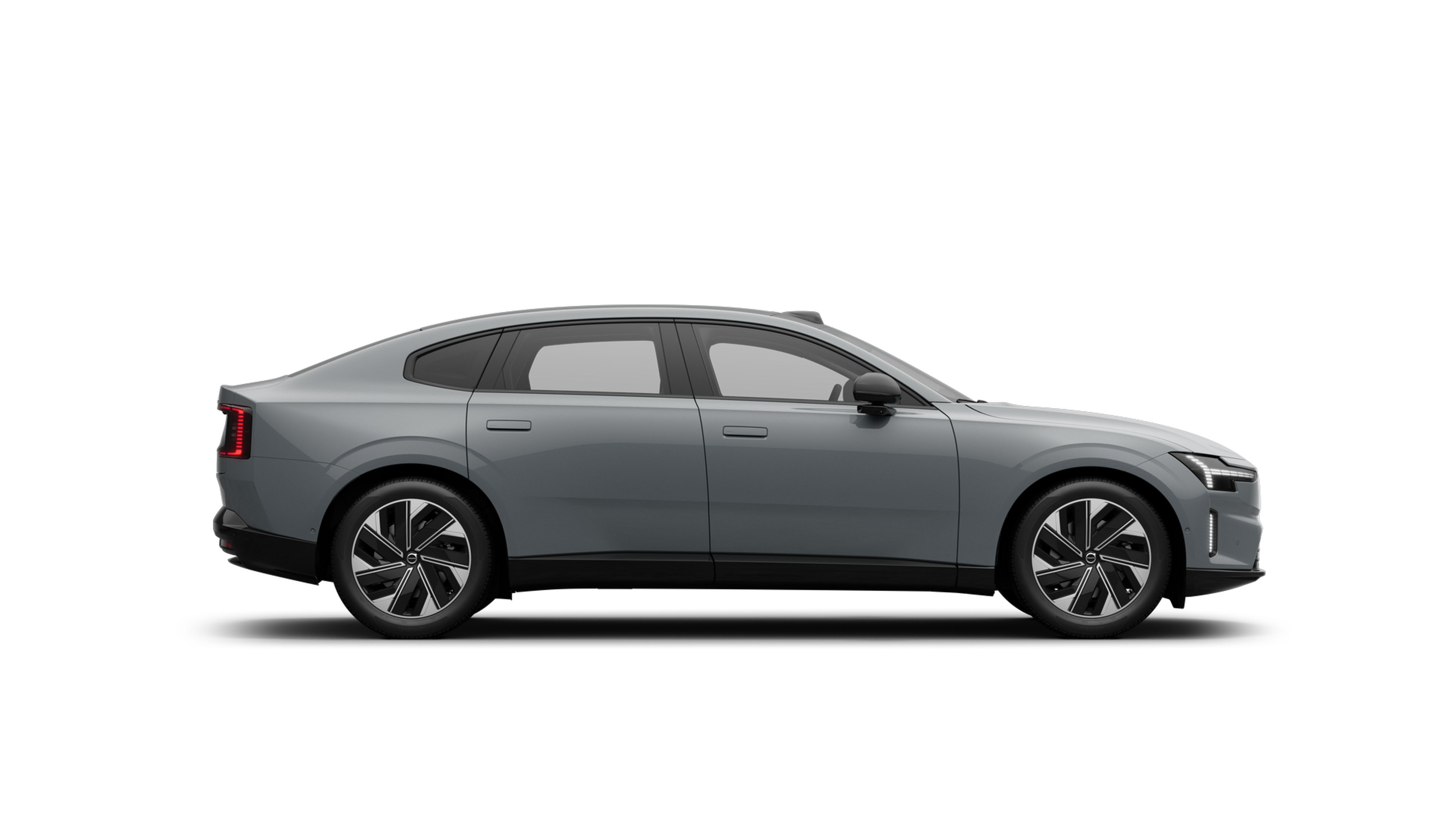 Eine graue Volvo ES90 Limousine auf grauem Hintergrund.