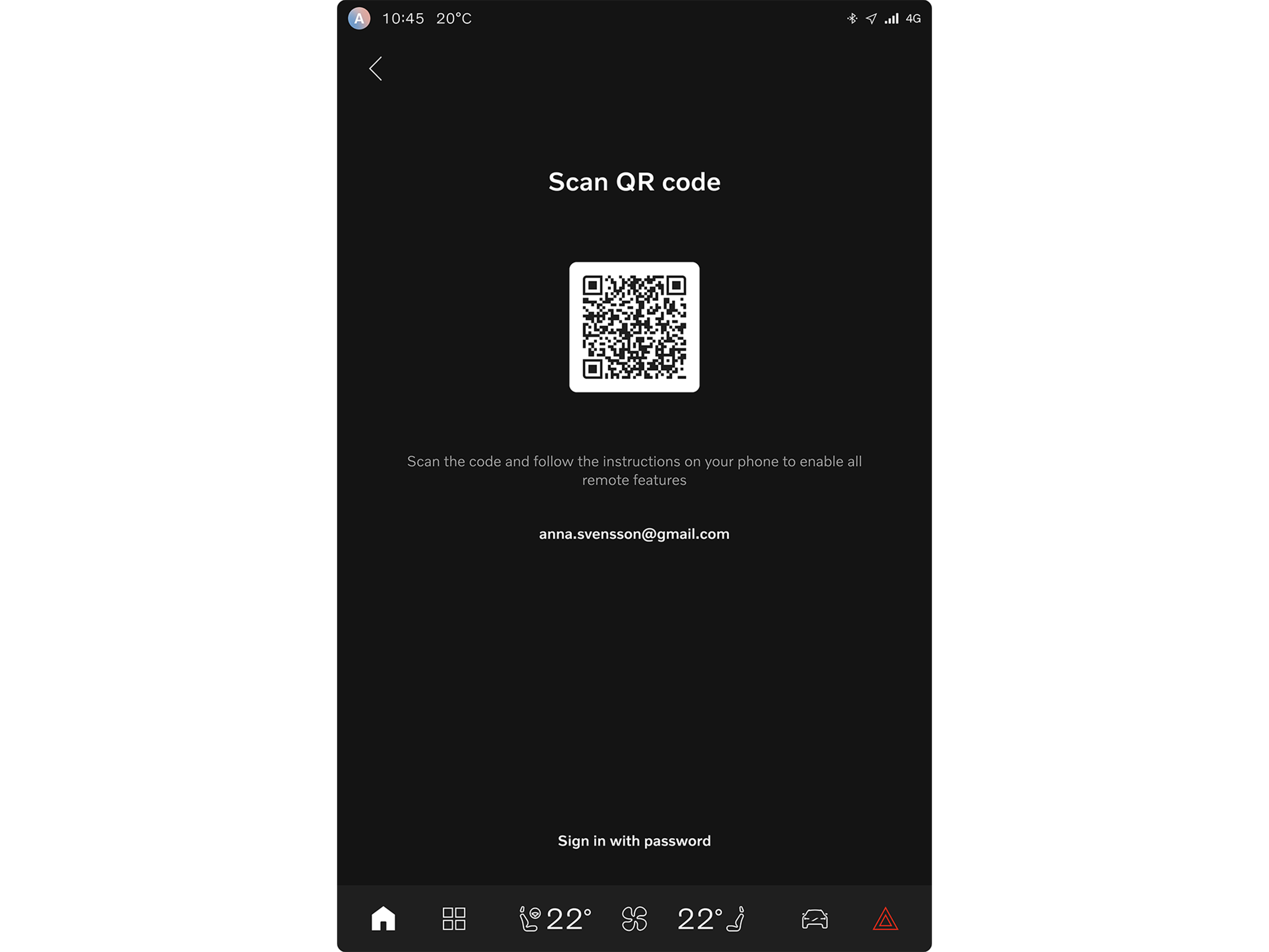 Capture d’écran de l’application Volvo Cars montrant le QR code d’appairage du véhicule