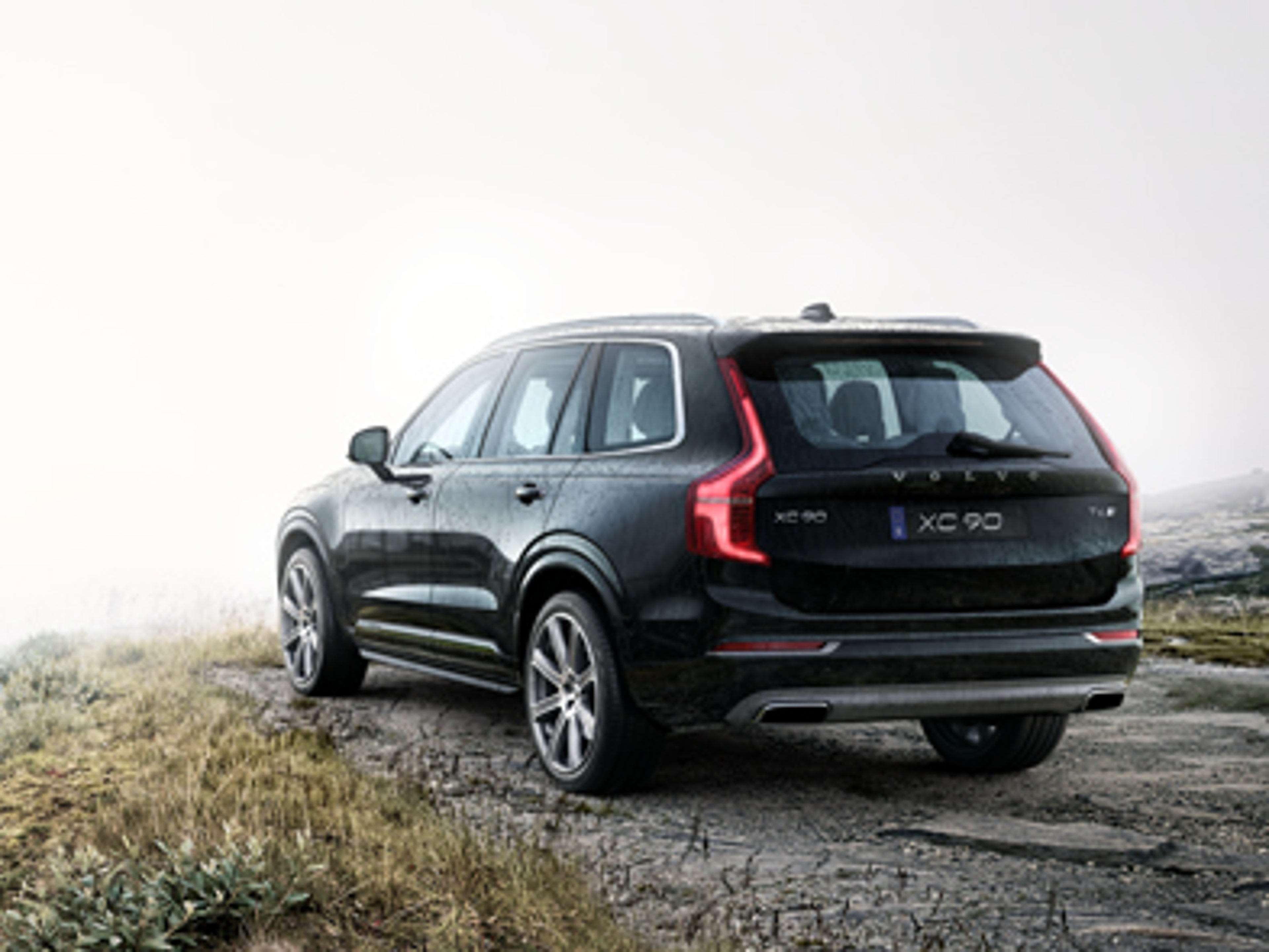 Svart XC90 sett bakfra i naturomgivelser