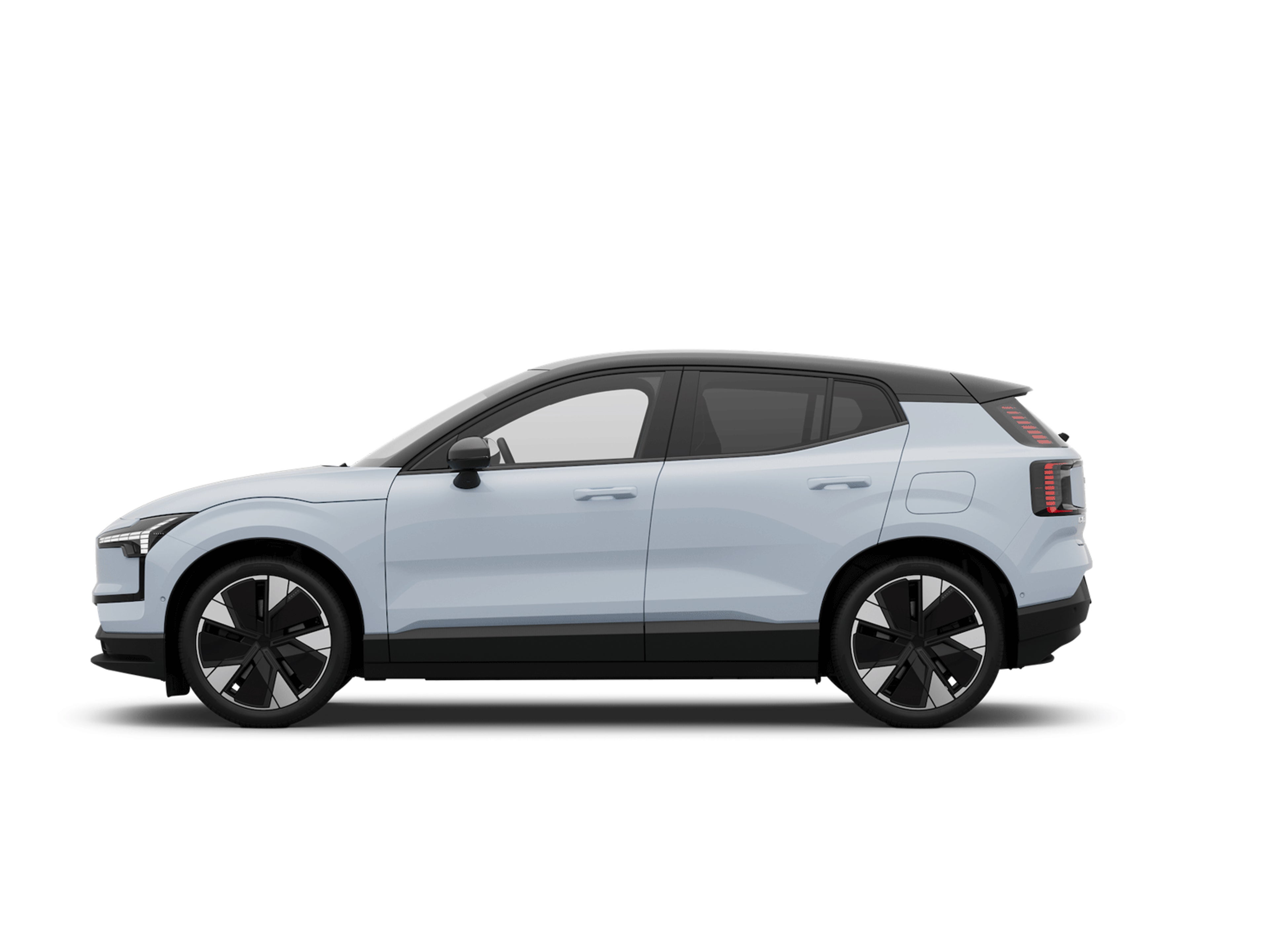 A side profile image of the fully electric Volvo EX30 in cloud blue.