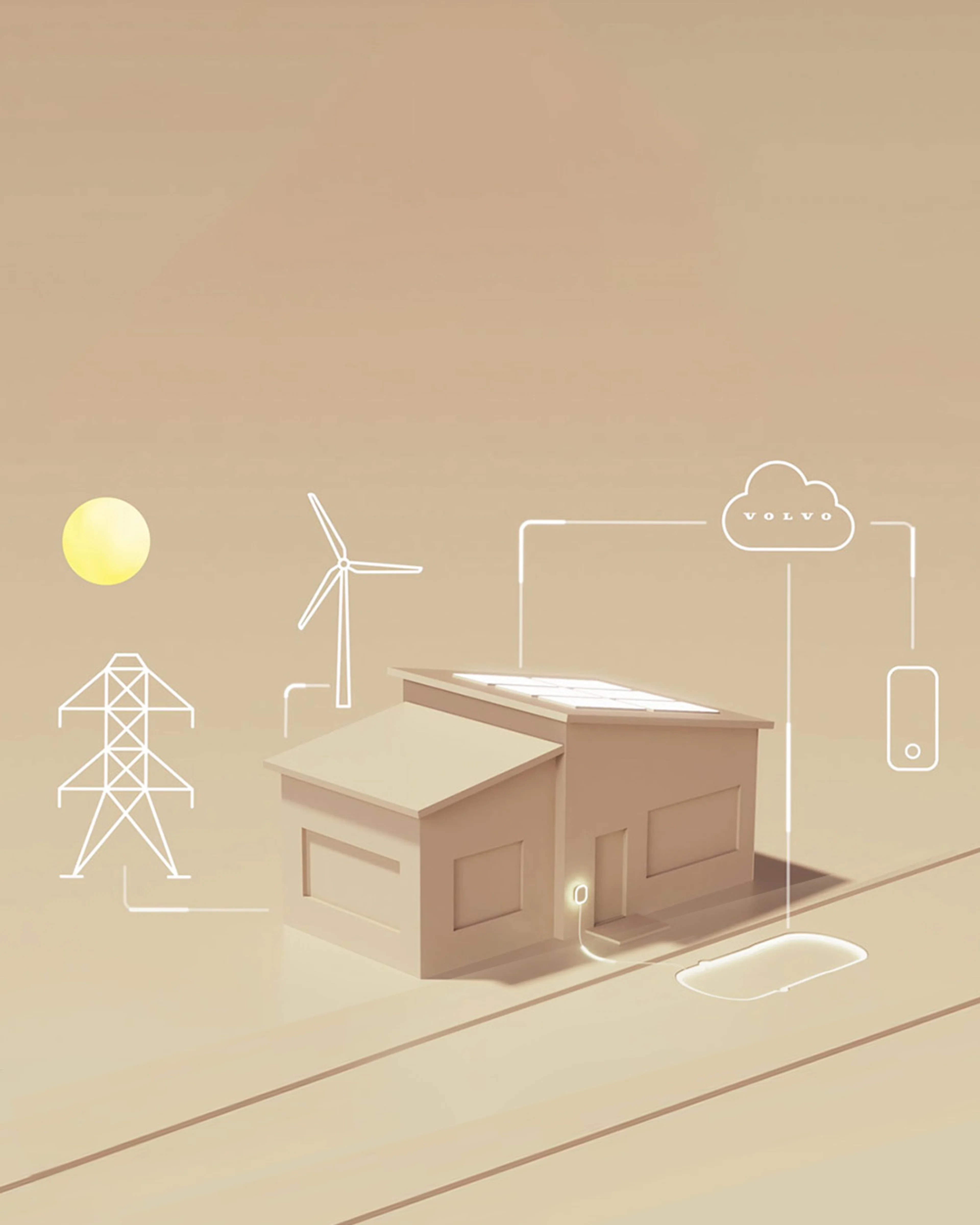 Illustration d'une maison avec des panneaux solaires, une éolienne et un pylône électrique, connectés à un cloud Volvo et un smartphone, sur un fond beige.