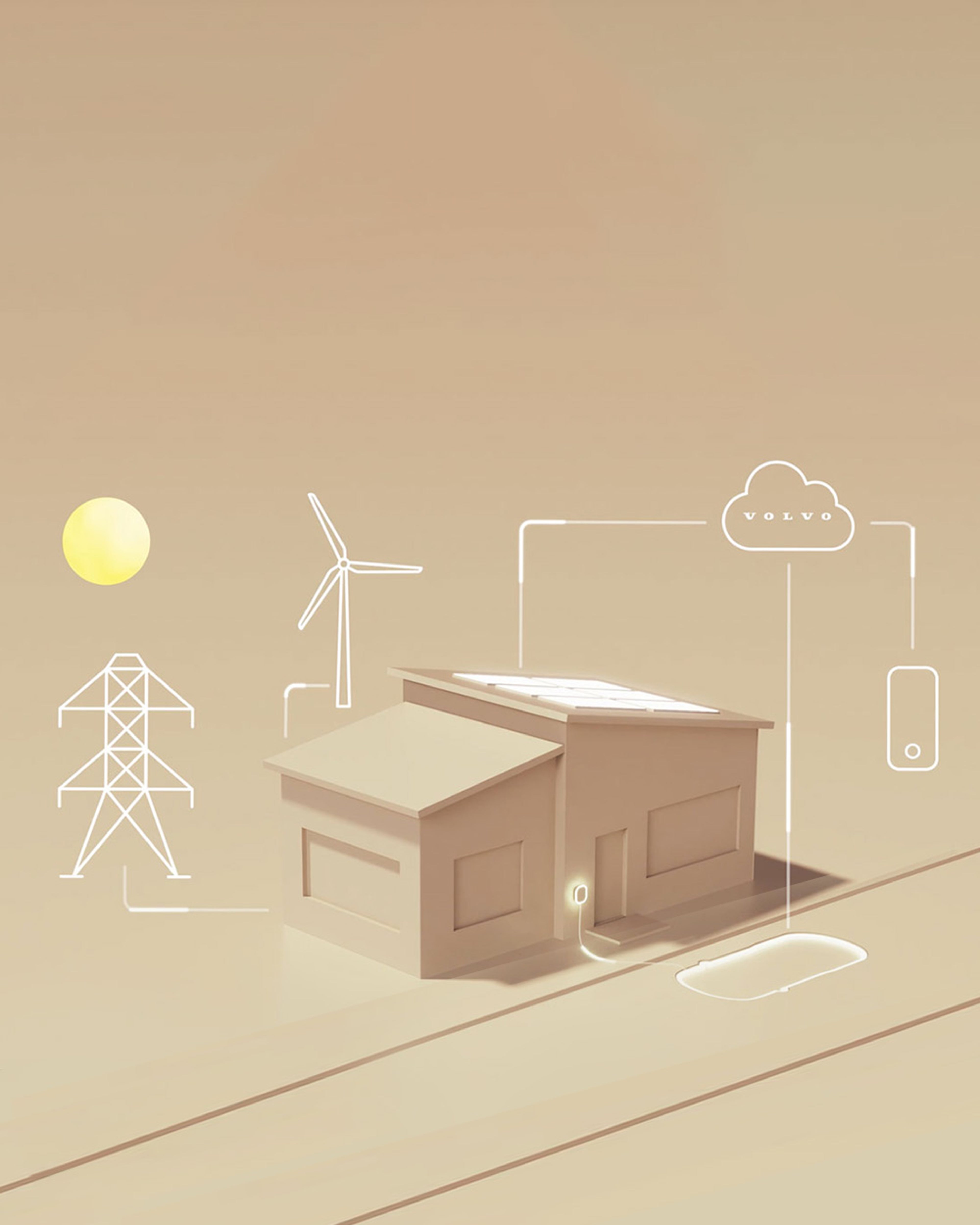 Illustration d'une maison avec des panneaux solaires, une éolienne et un pylône électrique, connectés à un cloud Volvo et un smartphone, sur un fond beige.