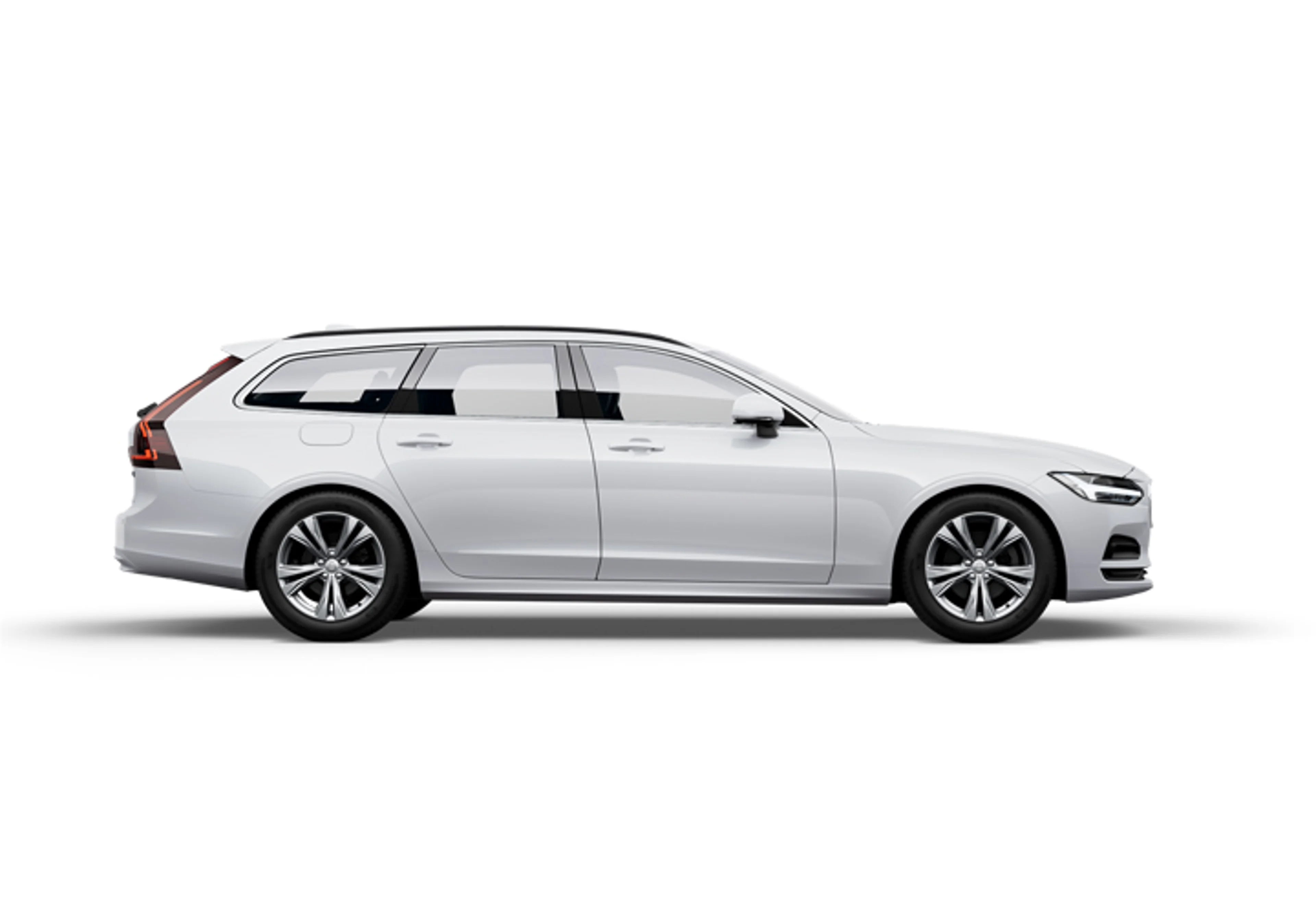 Ein weißer Volvo V90 Kombi auf weißem Hintergrund.
