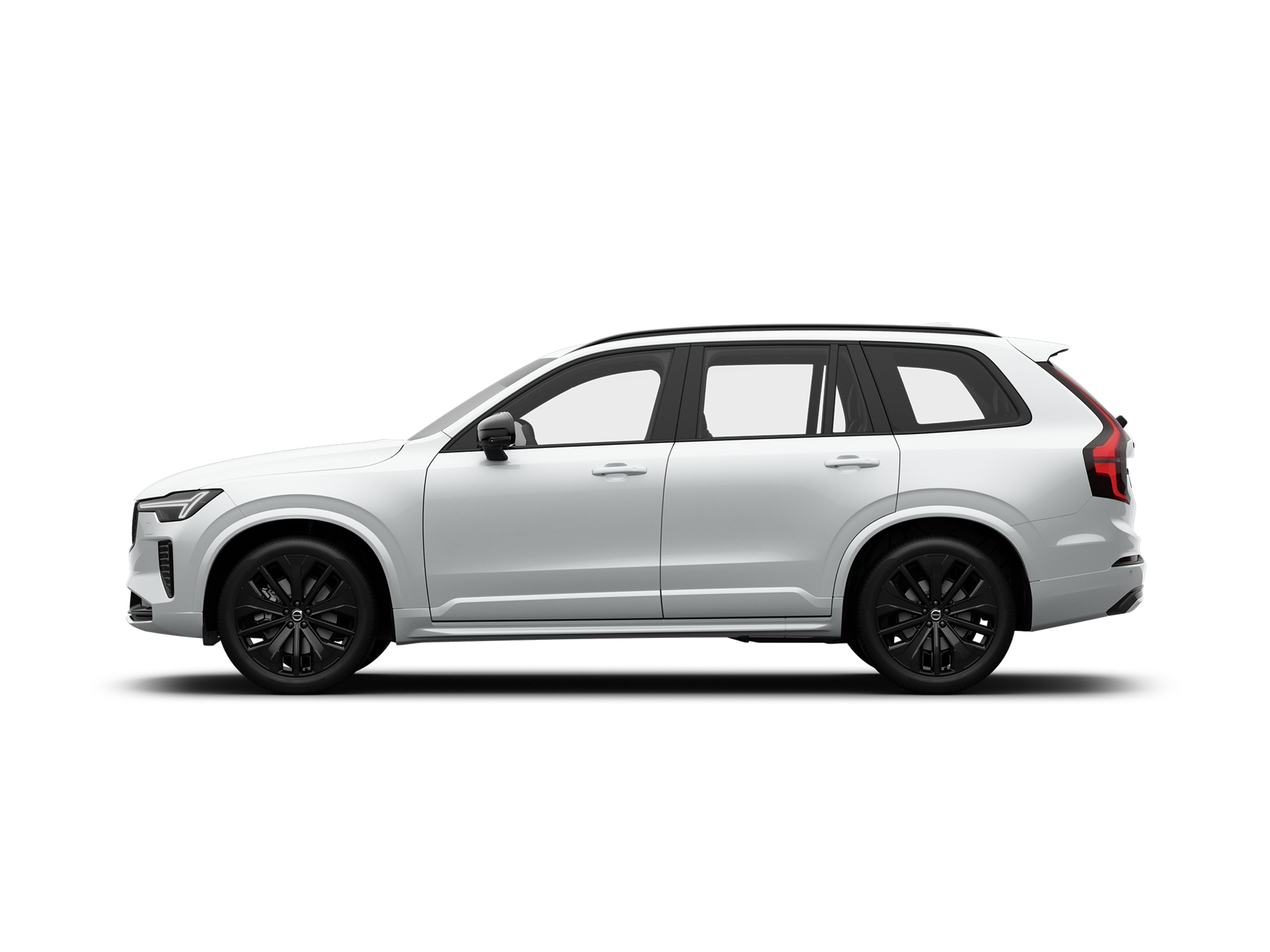Seitliche Ansicht eines Volvo XC90 Black Edition Mild-Hybrid in Crystal White