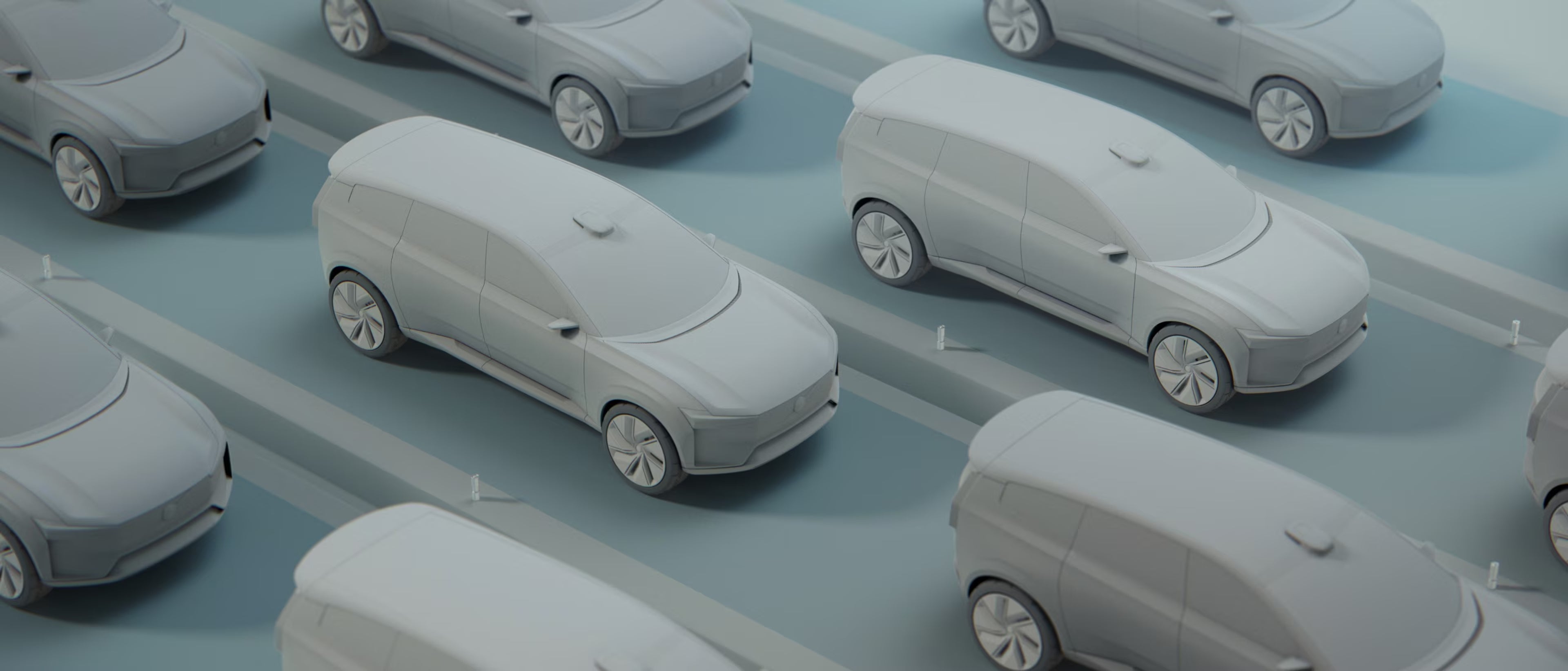 Pohľad zhora na digitálne trojrozmerné modely vozidla Volvo EX90