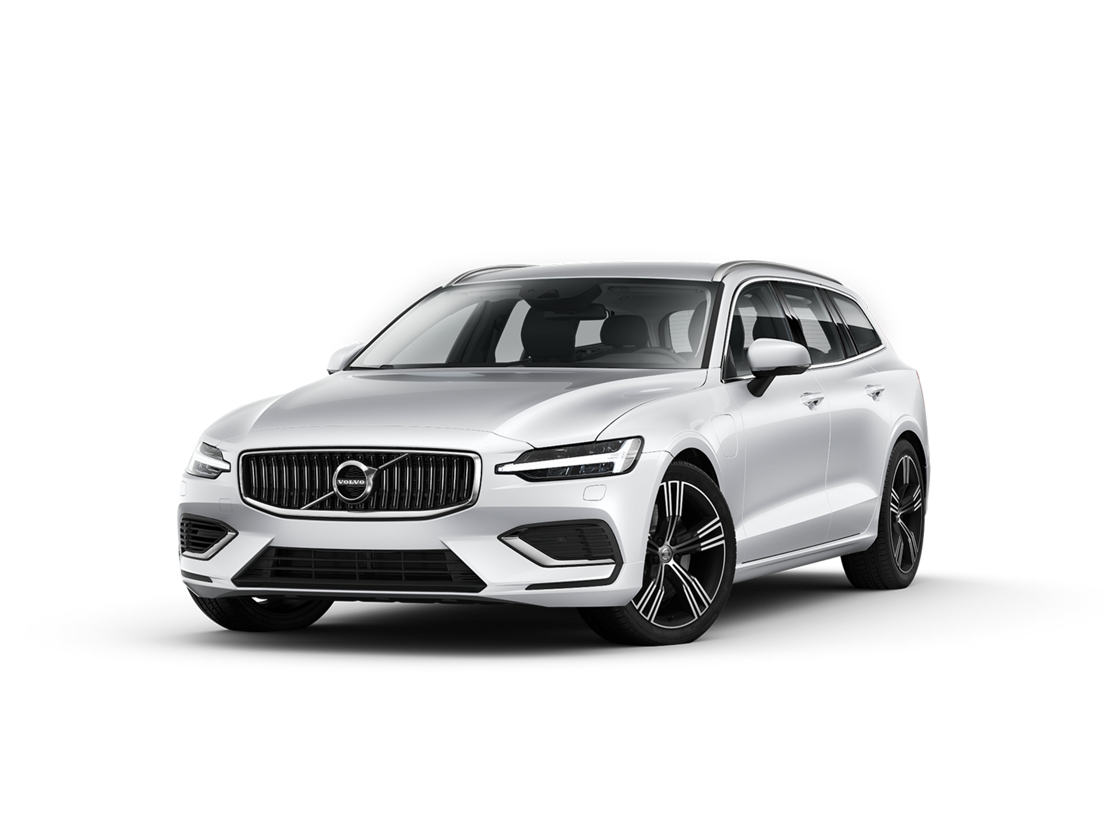 A front facing profile of the Volvo V60 plug-in hybrid in Silver dawn.