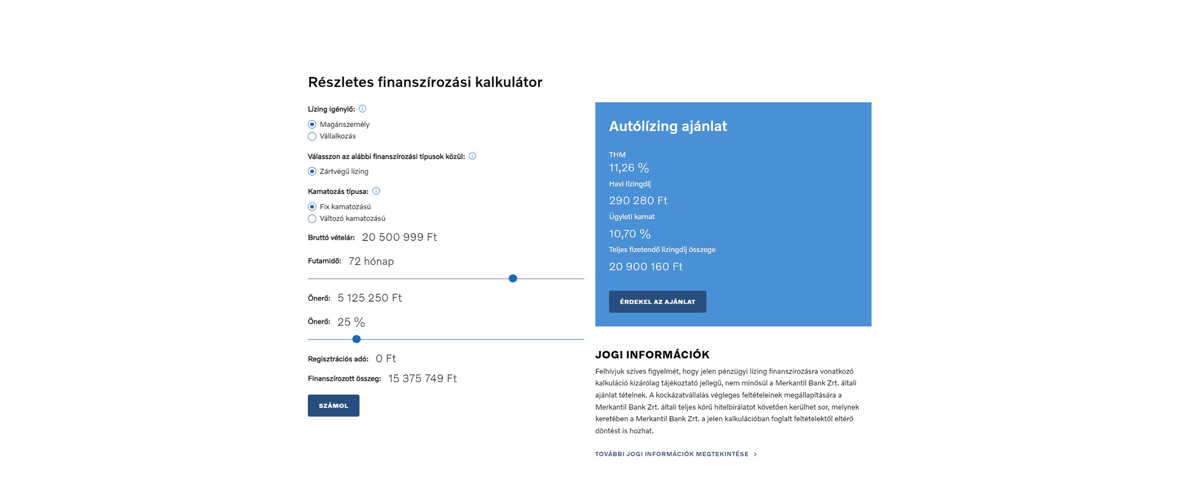 Képernyőfelvétel a finanszírozási kalkulátorról