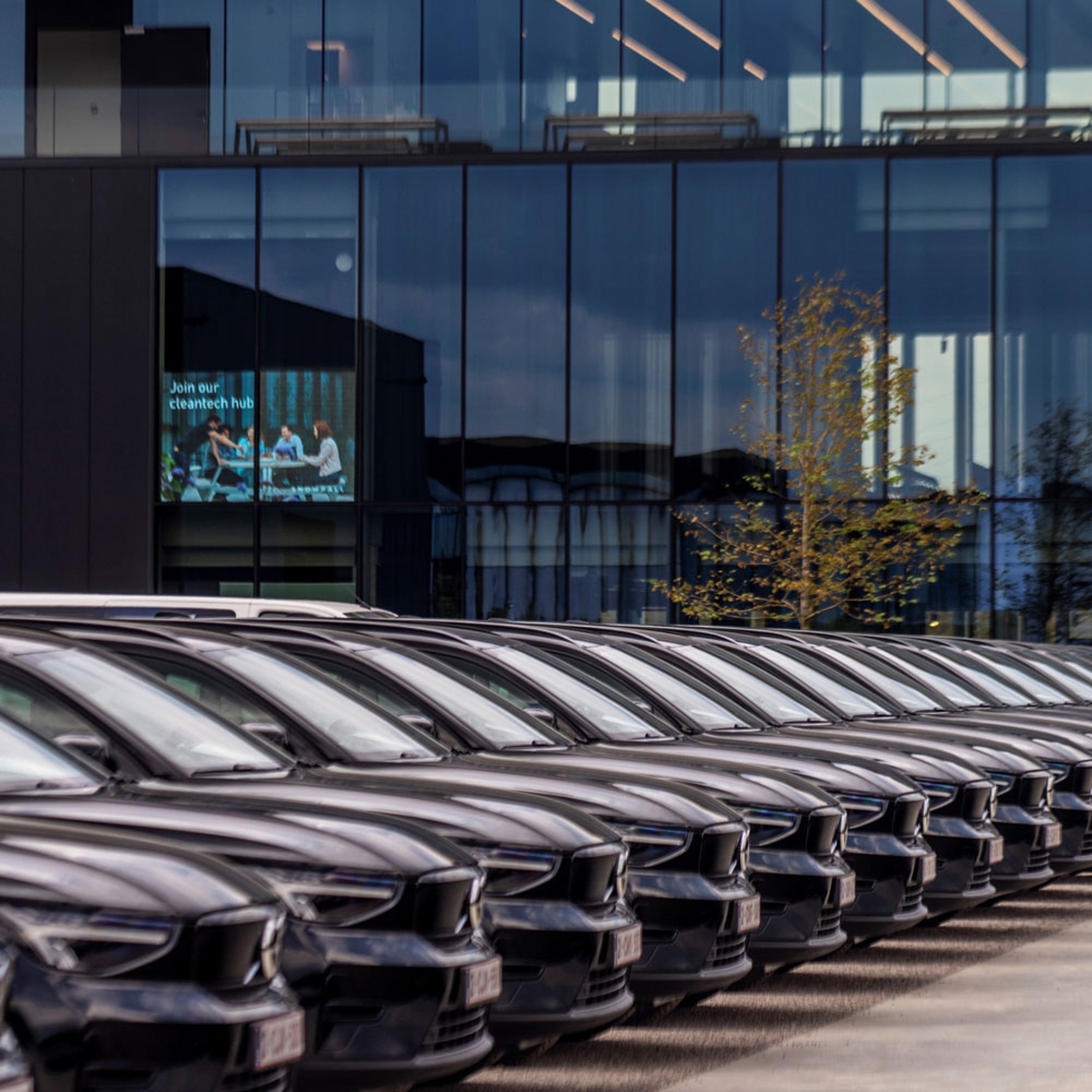 Range van zwarte Volvo EX40 wagens op een rij