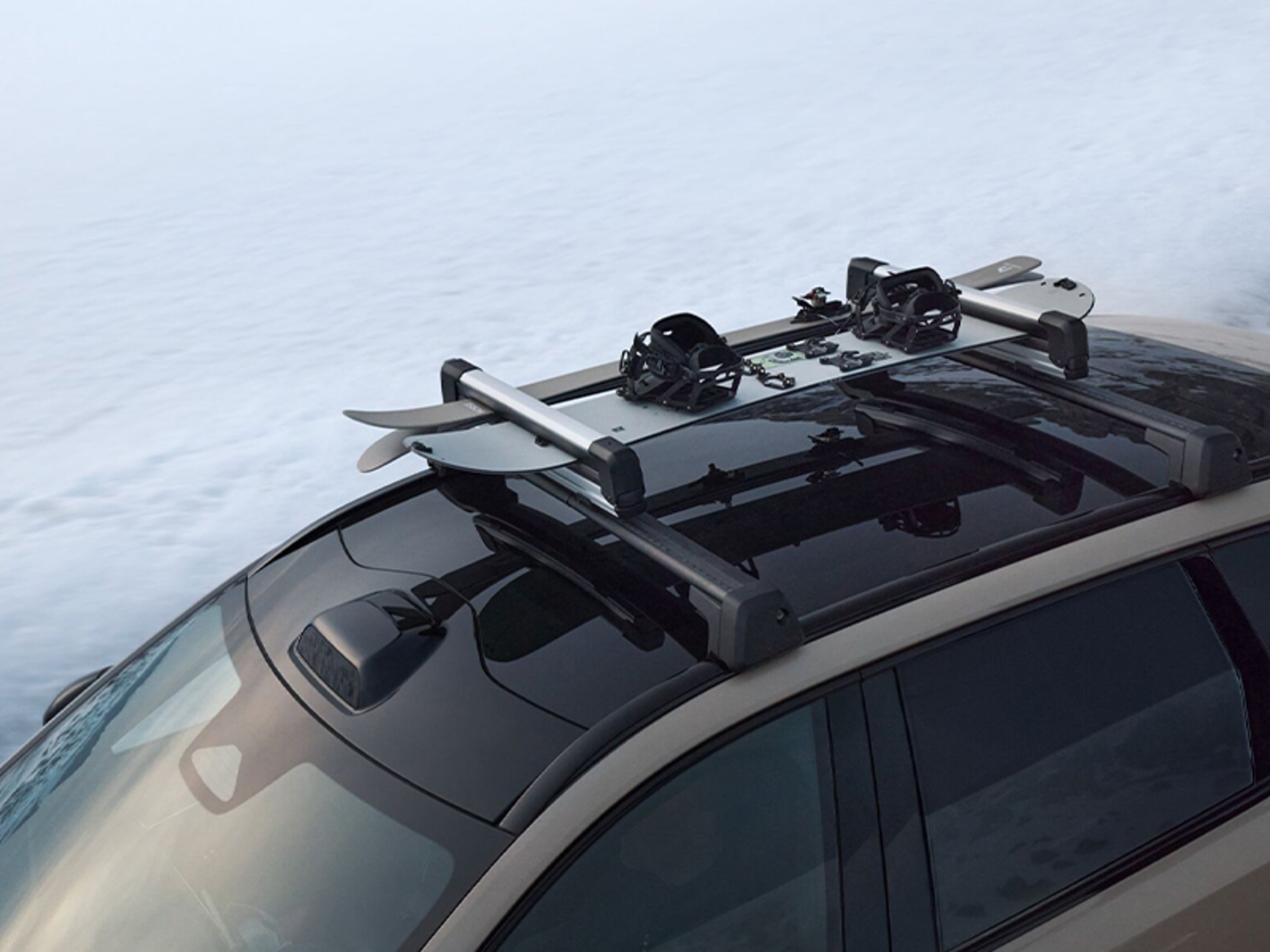 Skidor i en skidhållare monterade på lasthållare på ett biltak