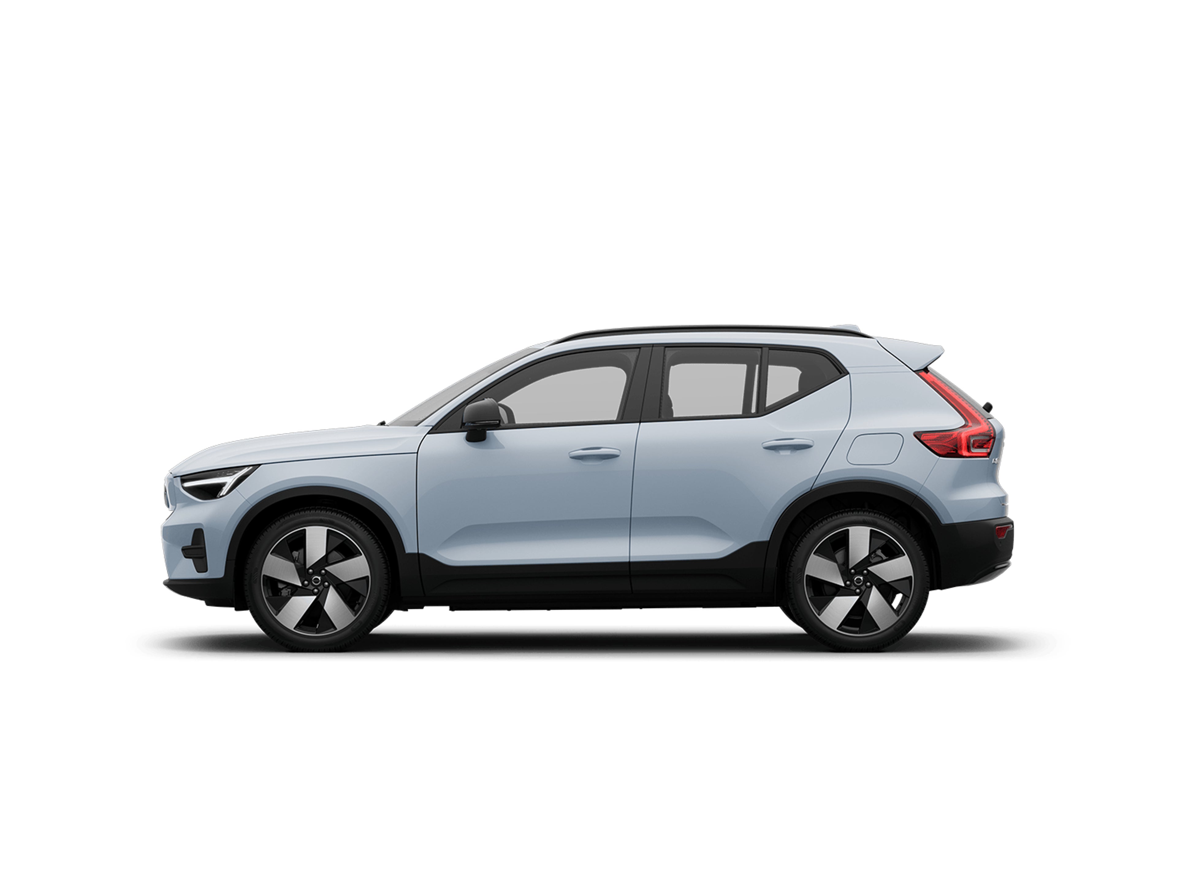 Vue latérale d'une Volvo EX40 en Cloud Blue.