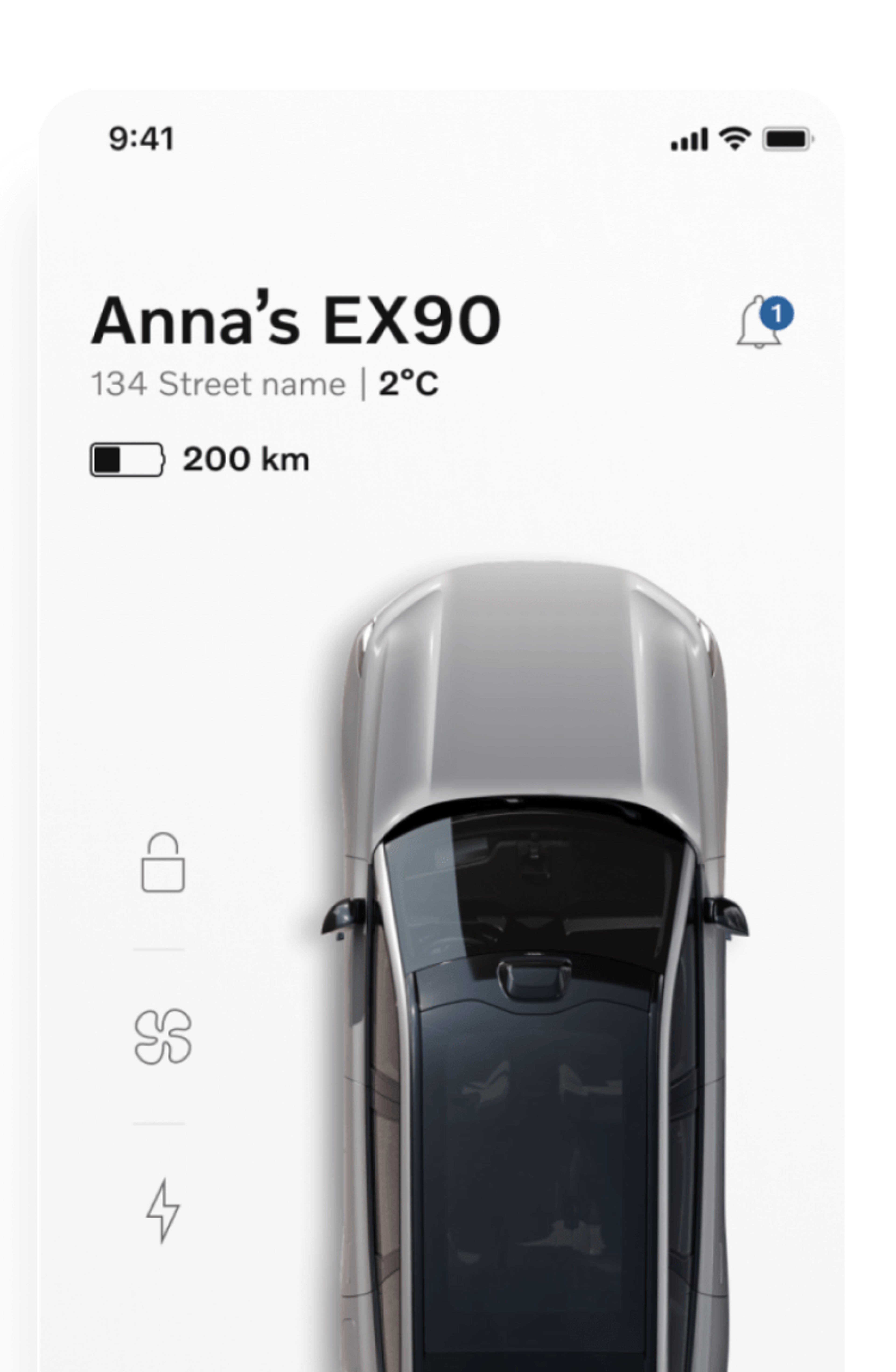 The Volvo Cars app and the top view of a EX90