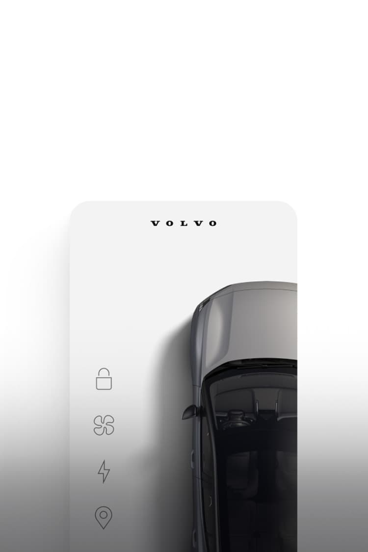 Een afbeelding van een Volvo en drie pictogrammen zoals die worden weergegeven op de smartphone van een gebruiker van de Volvo Cars-app.