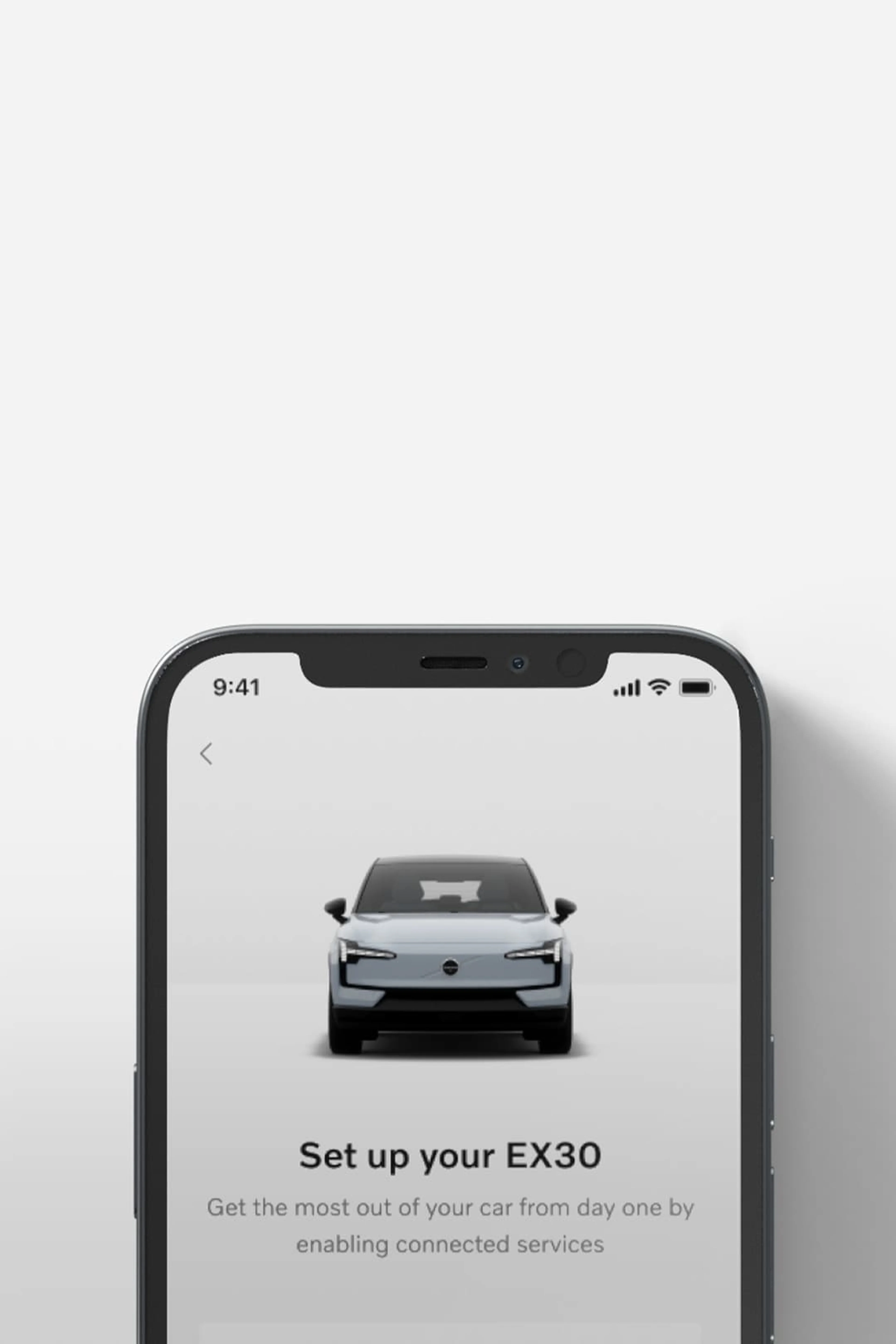 The EX30 Volvo Cars app and the front view of a Volvo EX30