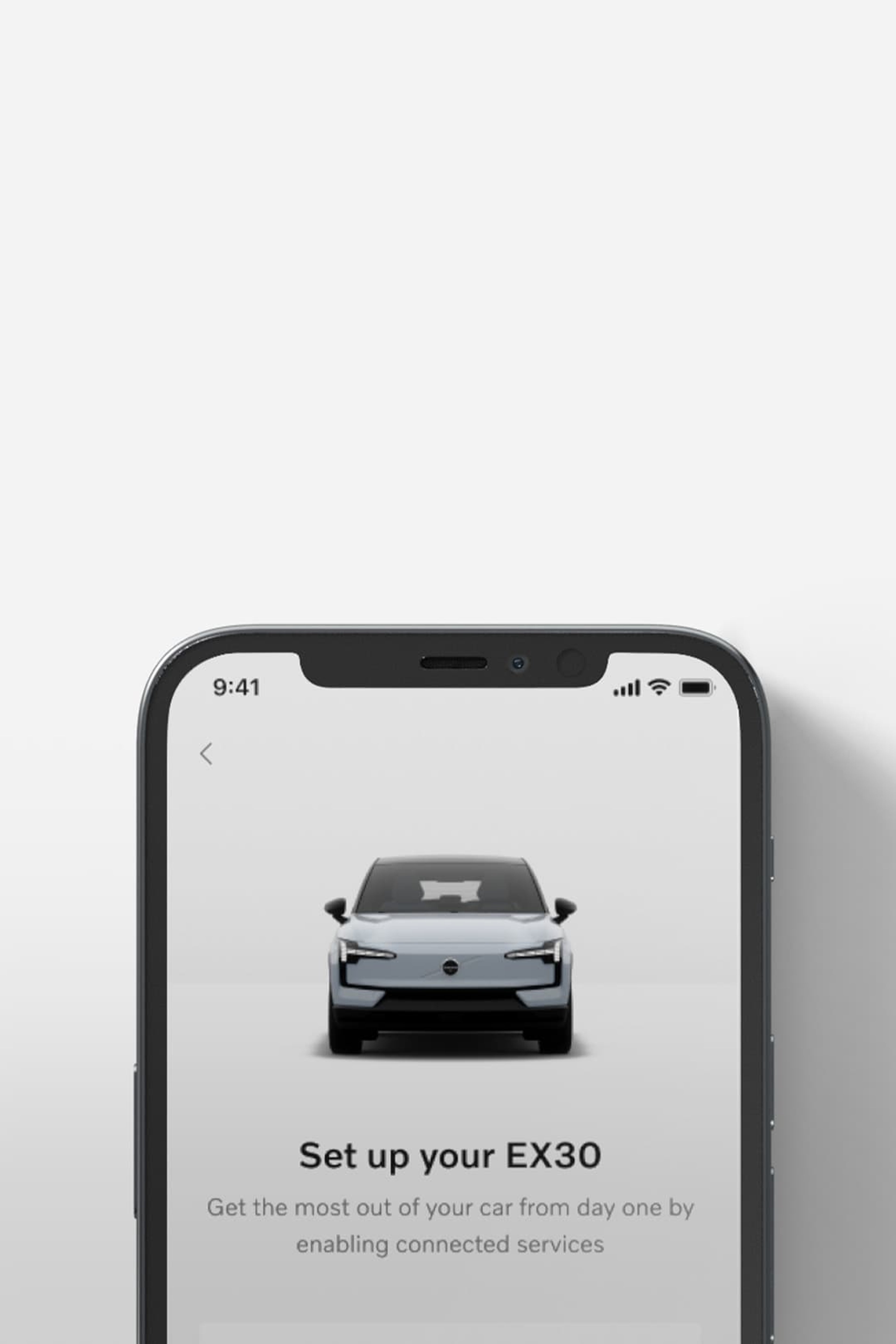 Volvo Cars app i prednji pogled na Volvo EX30