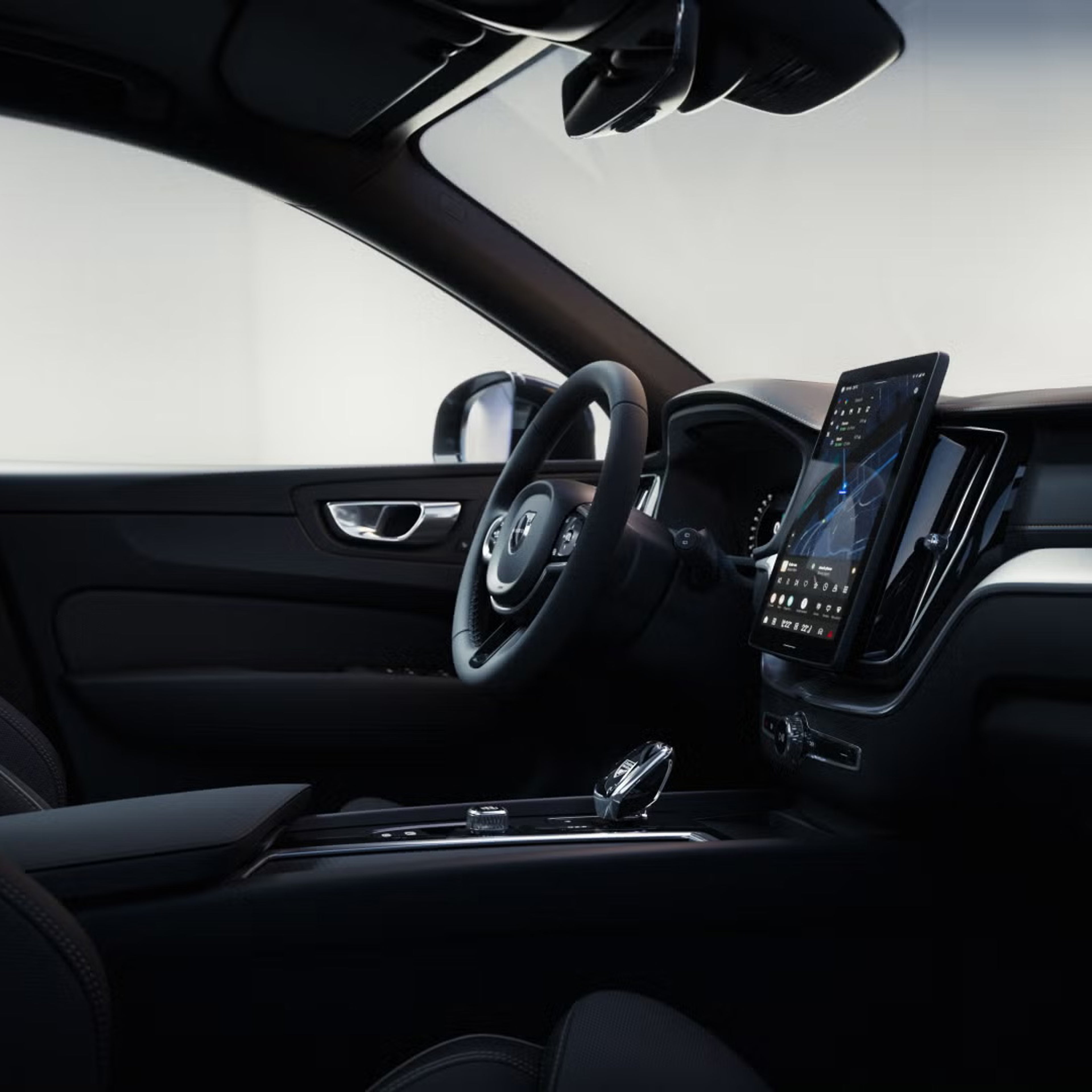 Close up of XC60 black edition interior with steering wheel and dashboard