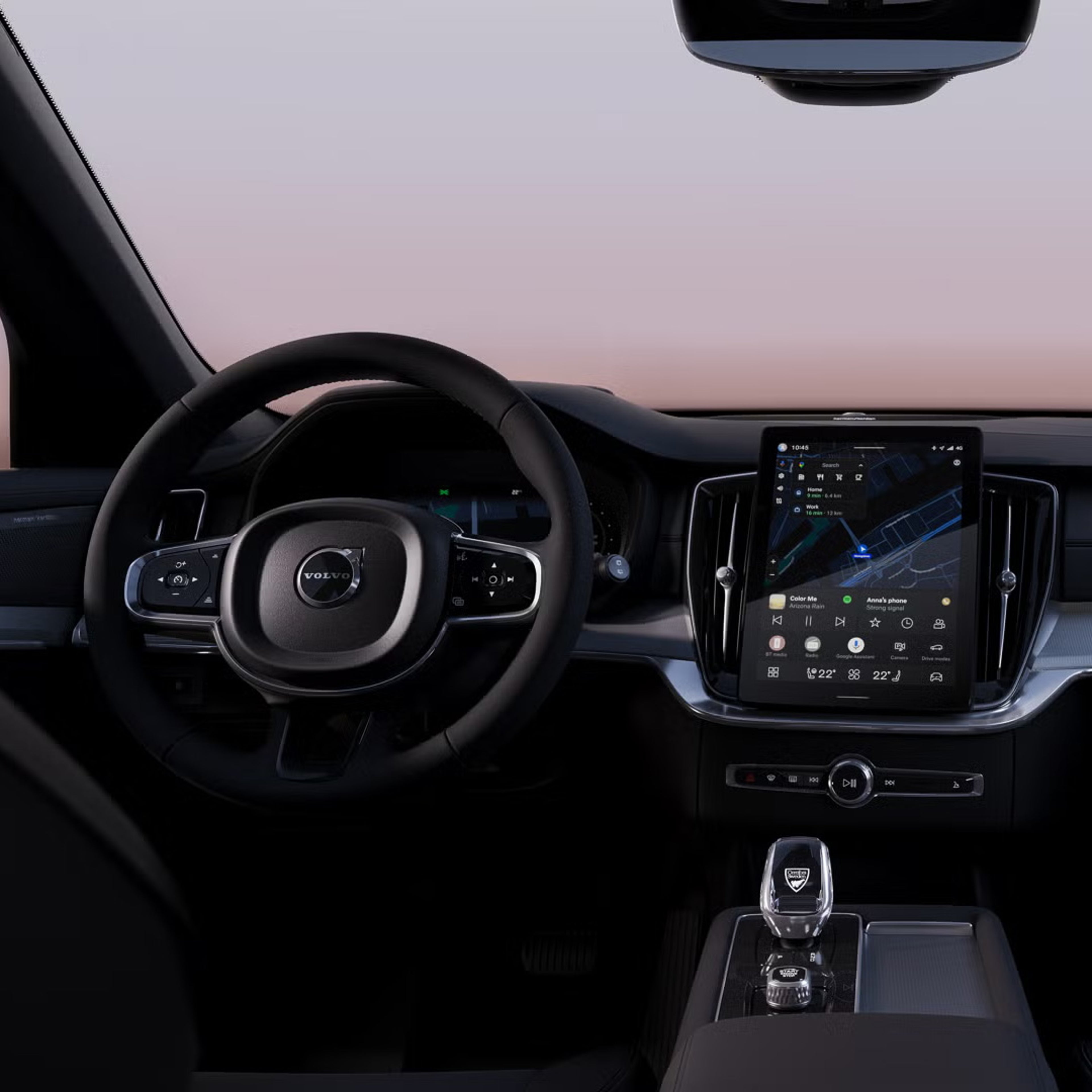 Interior close up of the XC90 plug-in hybrid steering wheel and dashboard