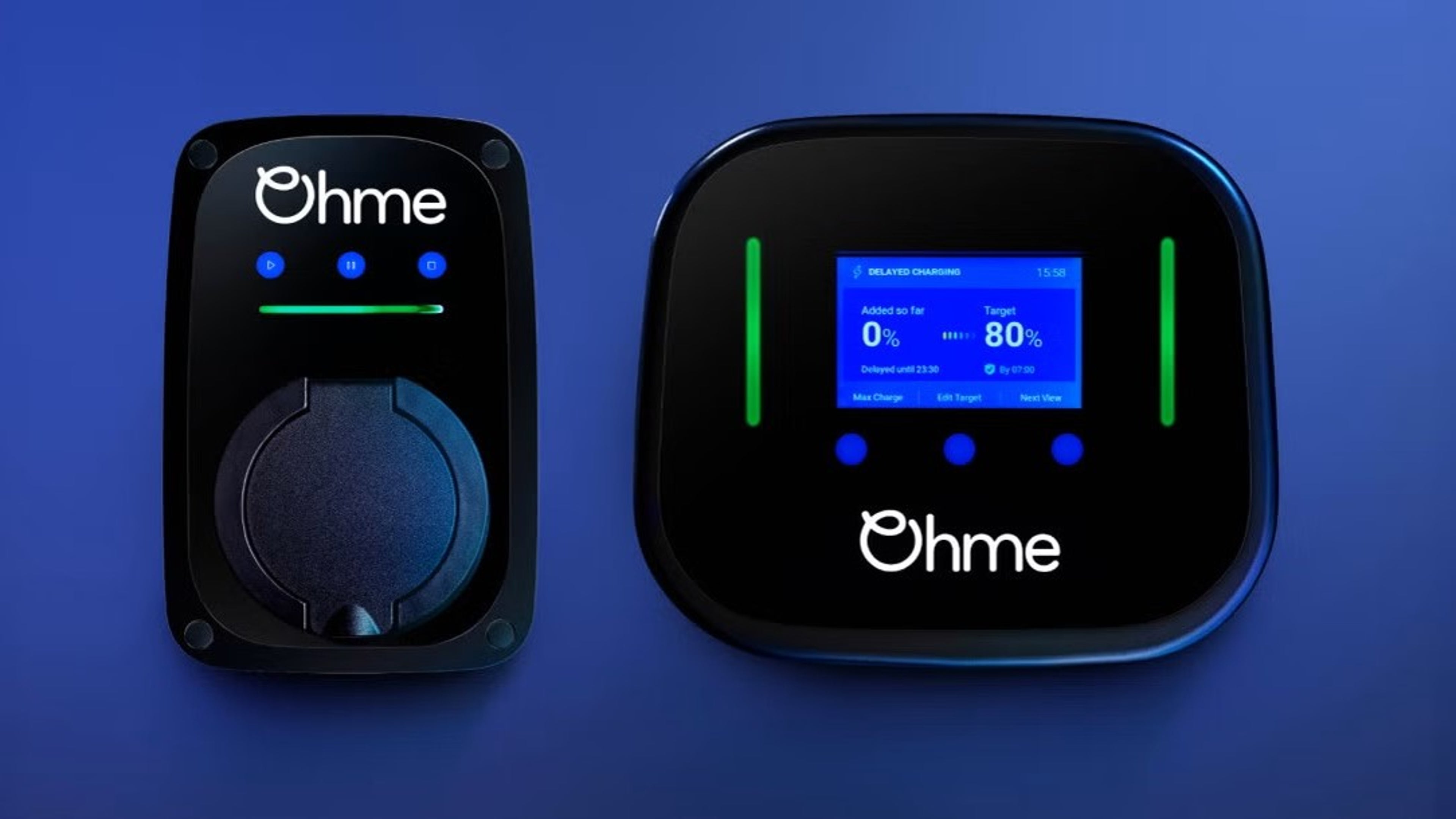 Ohme charger EV wall boxes on blue background