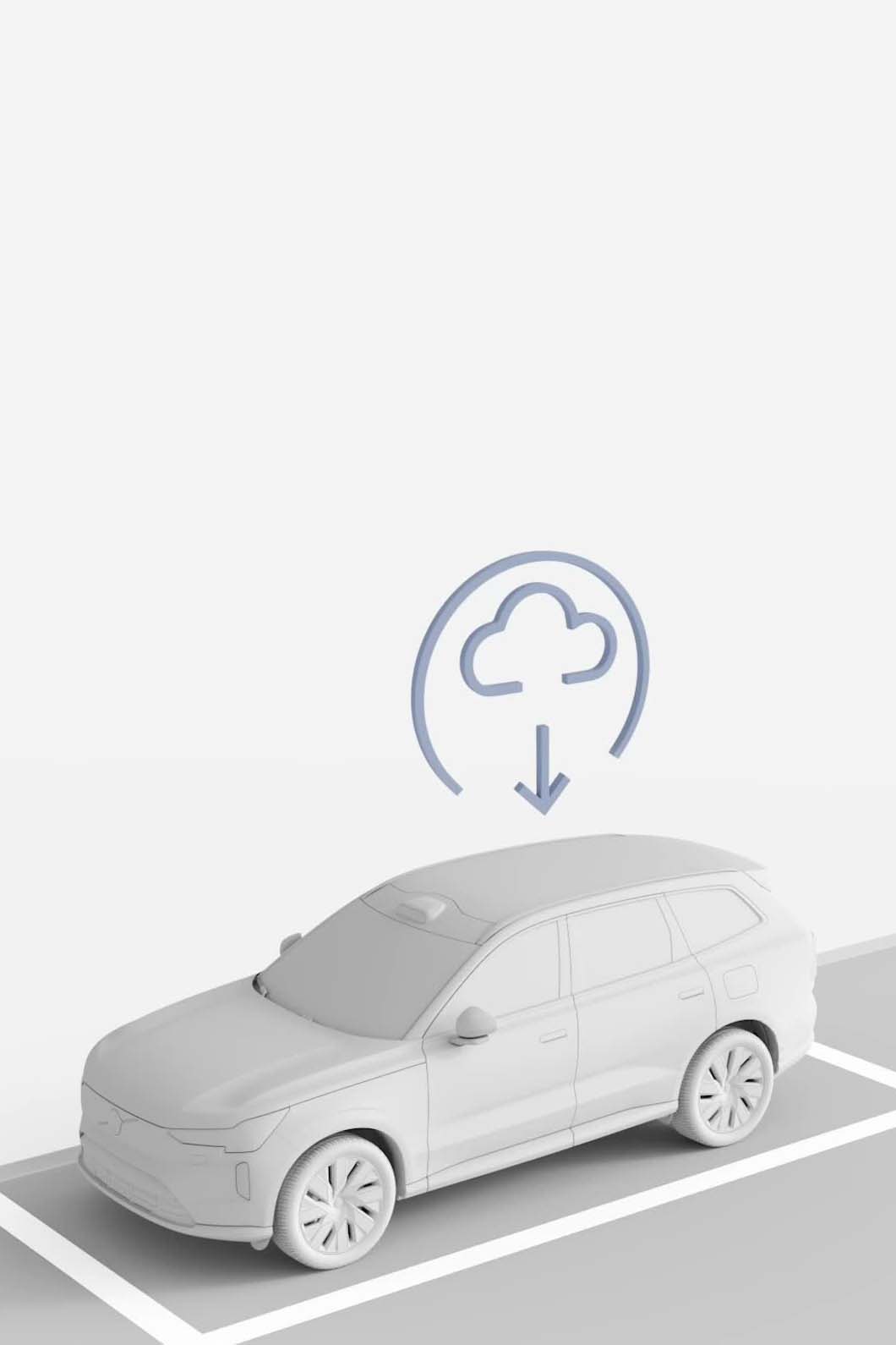 Ilustración de un vehículo Volvo que recibe una actualización de software desde la nube.