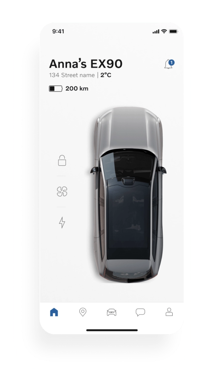 Το Volvo Cars app και άποψη ενός EX90 από ψηλά