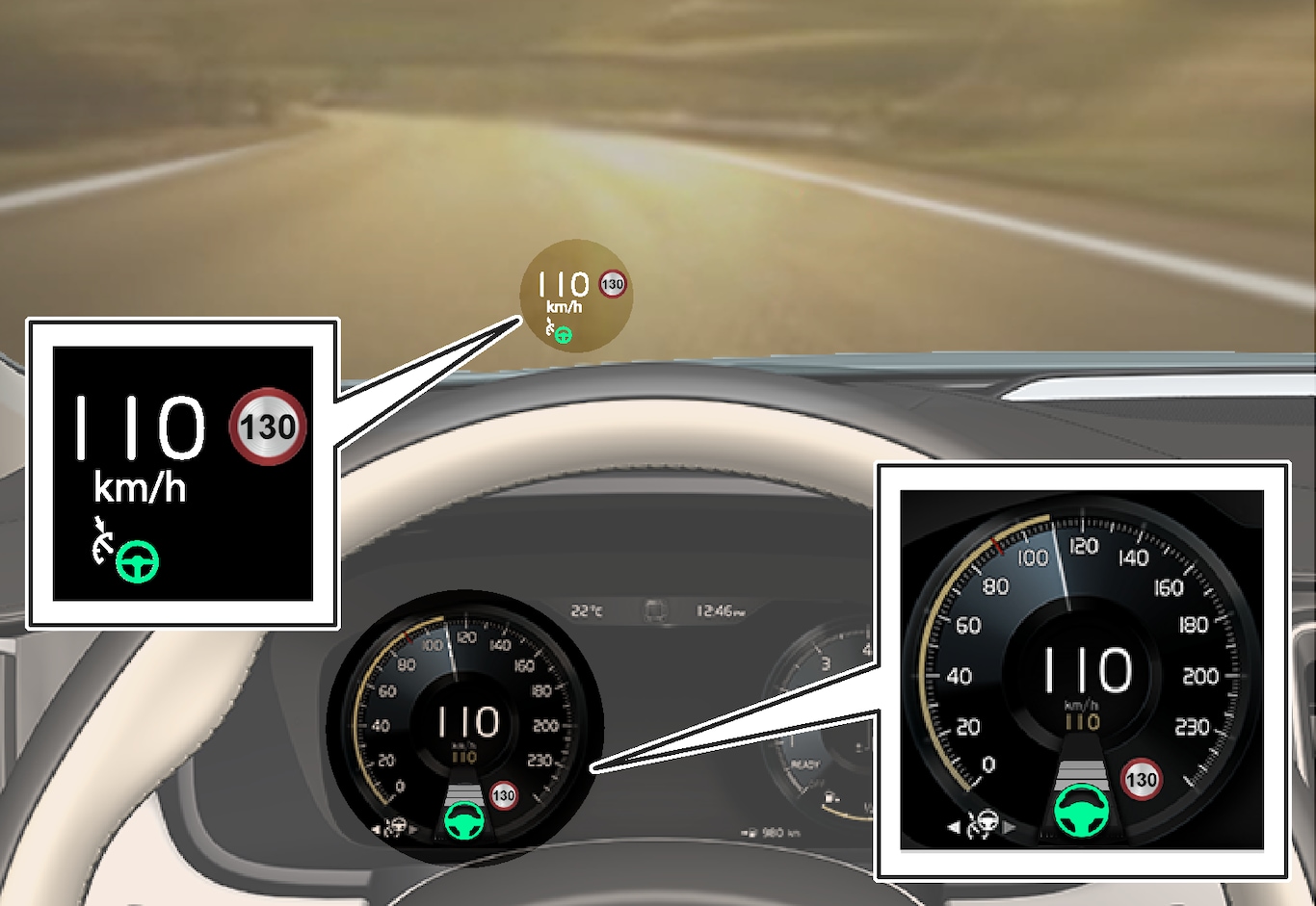 P5-V90/S90-1646-Pilot Assist, set to maintain 110 km/h, no vehicle ahead to follow and steering assistance