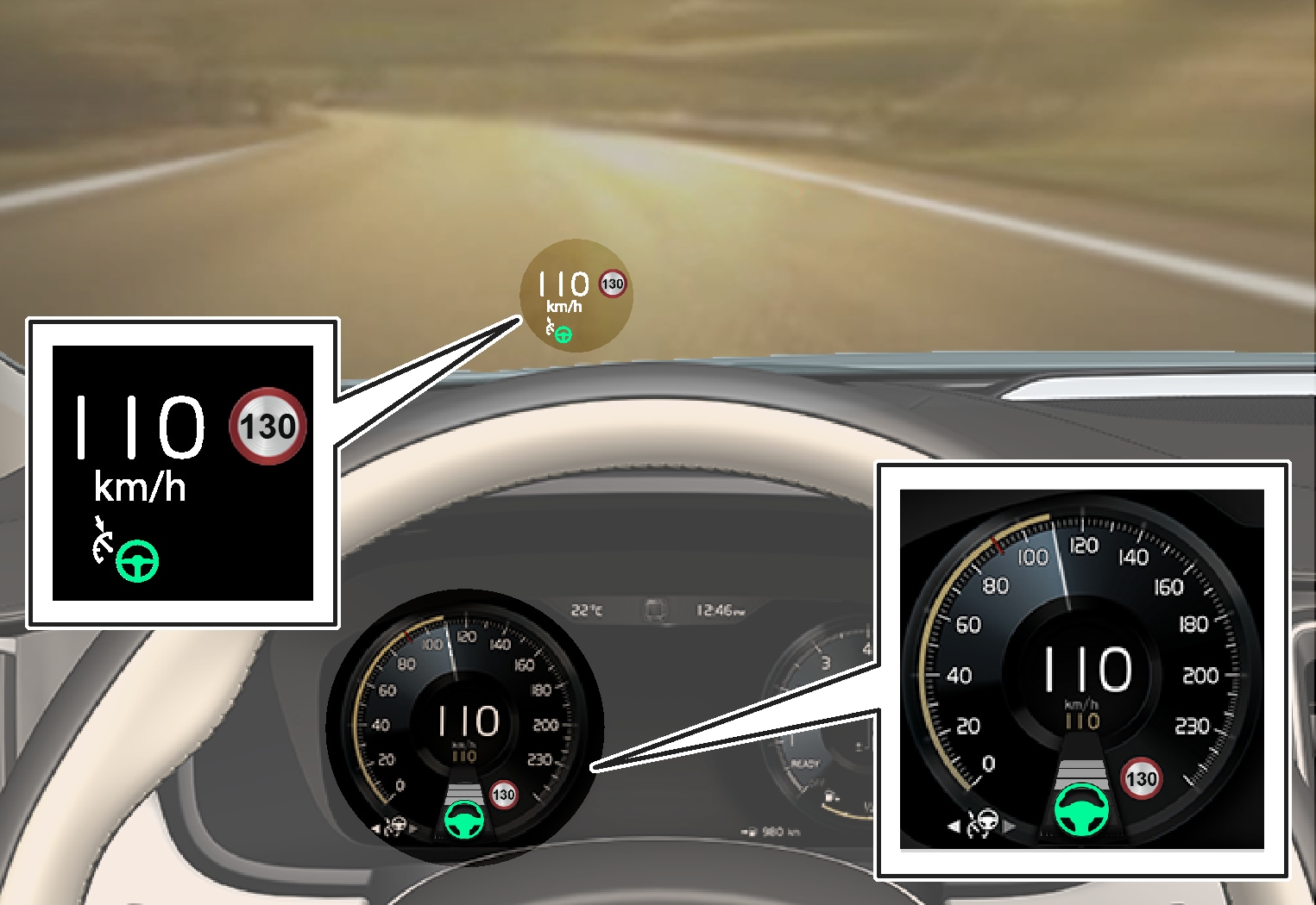 P5-V90/S90-1646-Pilot Assist, set to maintain 110 km/h, no vehicle ahead to follow and steering assistance