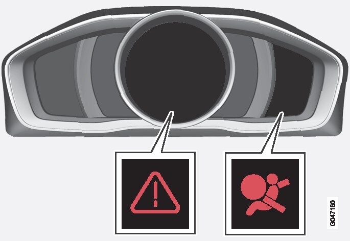 Triângulo de aviso e símbolo de aviso do sistema de airbags no instrumento combinado digital.