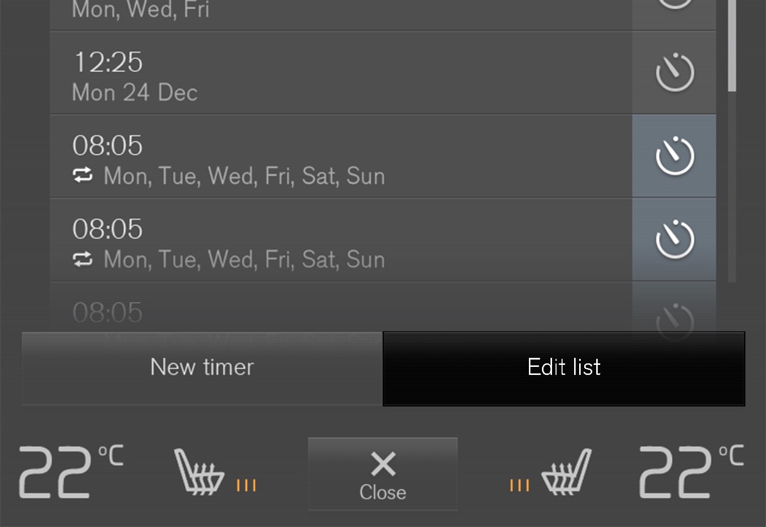 The button for editing the list/deleting the time setting in the tab Parking climate  in the climate view.
