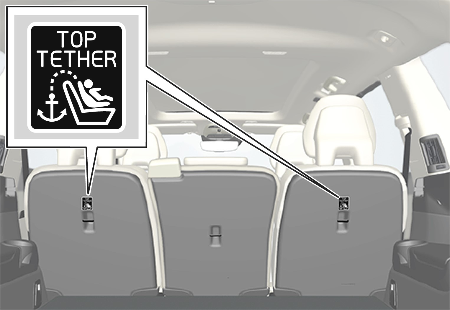 Mounting point locations are indicated by symbols on the rear of the backrest.