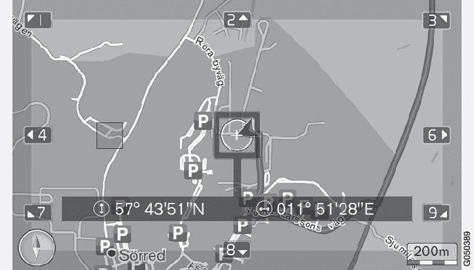 Cursor position specified with GPS coordinates. To change to showing name, select SettingsMap optionsPosition information.