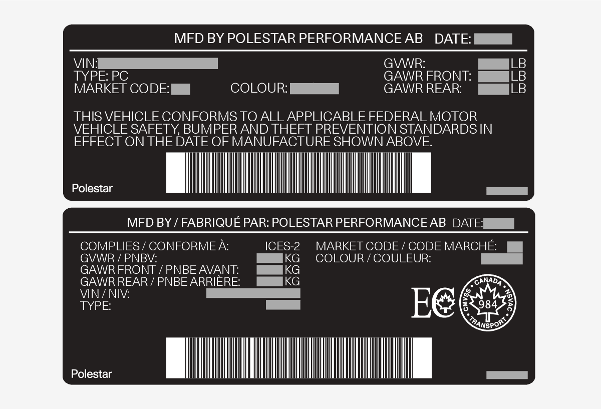 PS2-2007-Label, FMVSS specifications for USA and CMVSS standards for Canada