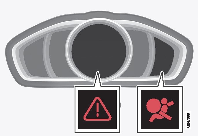 Gevarendriehoek en waarschuwingssymbool voor het airbagsysteem op een digitaal instrumentenpaneel.