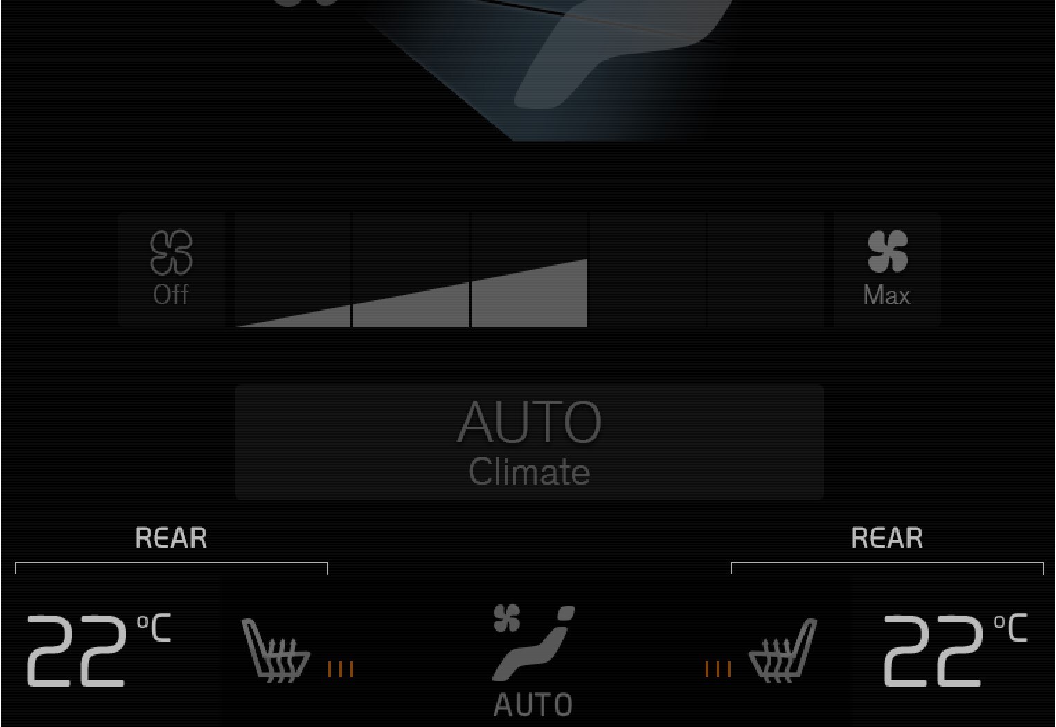 Кнопки налаштування температури на вкладці Климатический режим, заднее сиденье сторінки керування кліматичною системою.