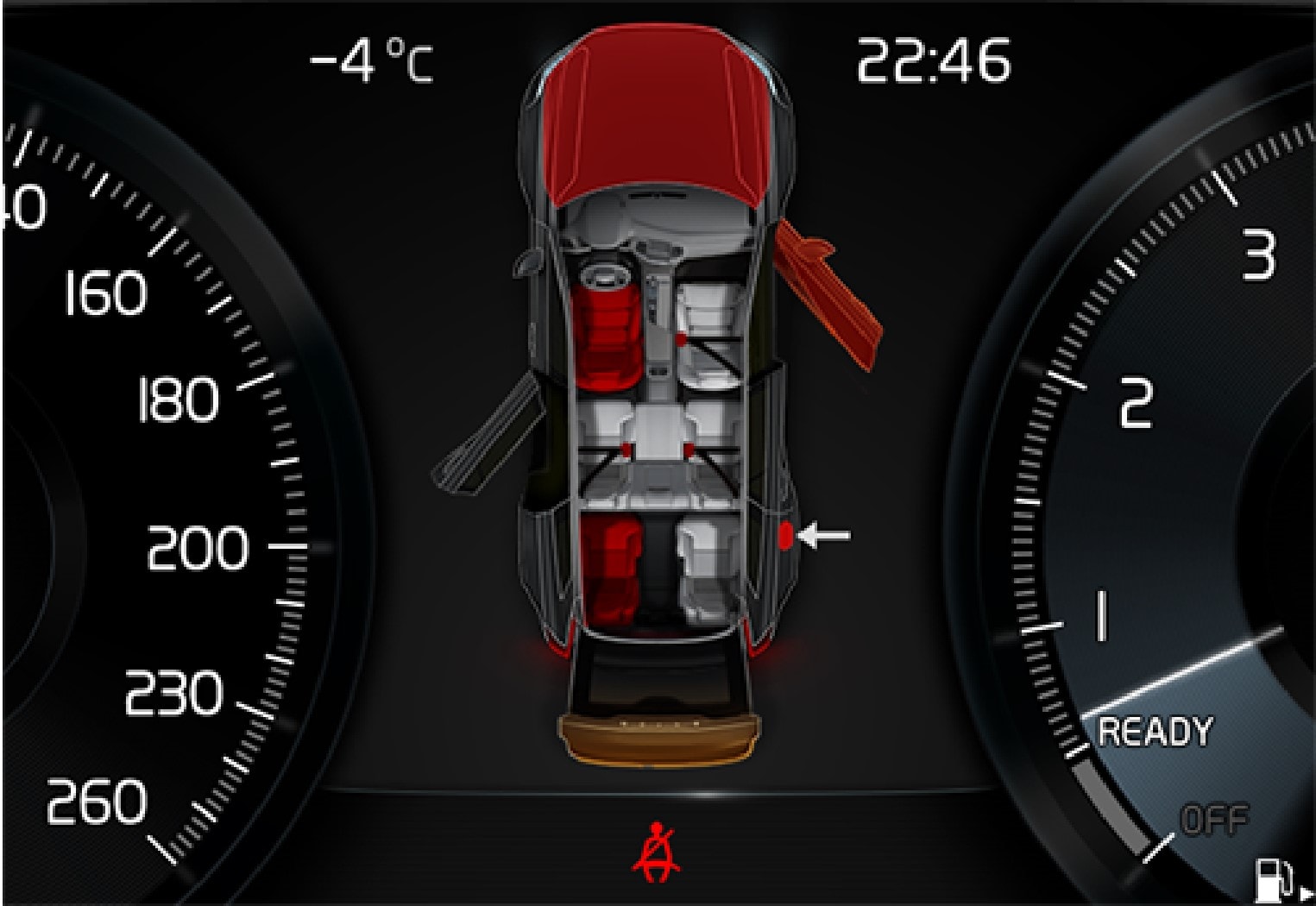 Graphics in the driver display with different types of warnings. The warning colour on the door and tailgate is dependent on the vehicle
