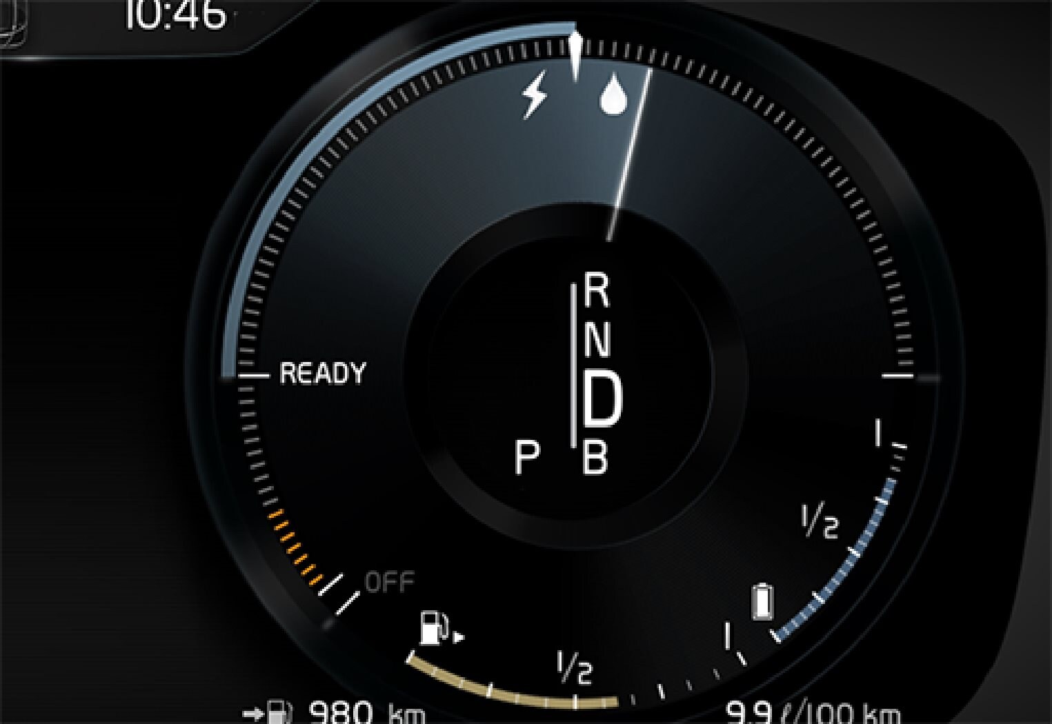 The driver display for propulsion with both the electric motor and internal combustion engine.