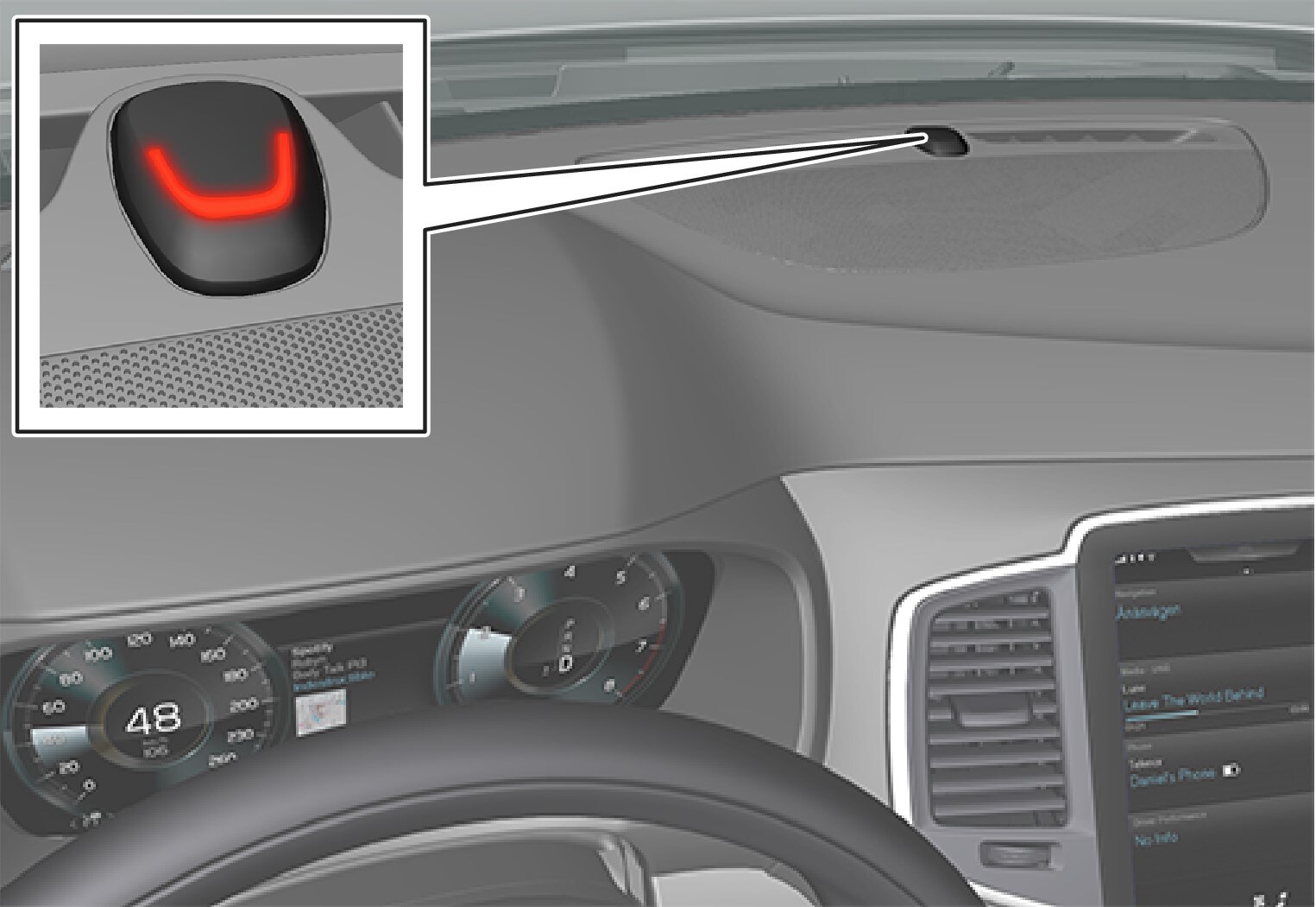 The lock and alarm indicator on the instrument panel show the status of the alarm system.