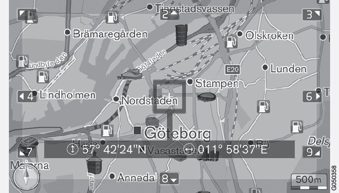 Scrollmodus mit FadenkreuzZur Einstellung, ob die Position des Cursors/Fadenkreuzes mit Namen oder GPS-Koordinaten angezeigt werden soll siehe Kartenoptionen..