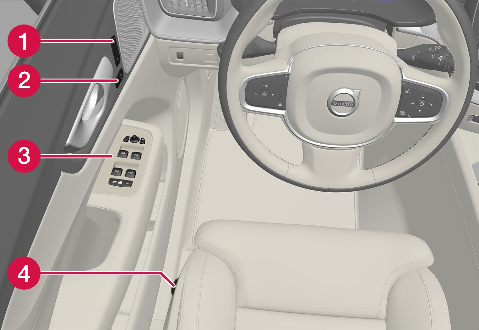 P5-XC60-1717-Controls inside left door and seat overview, left hand drive