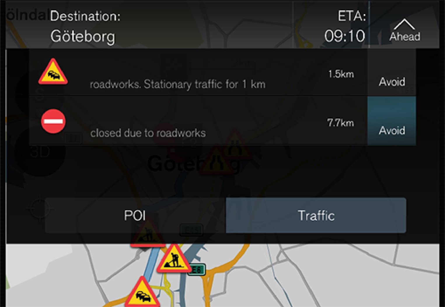 2. Seejärel vajutage valikut Traffic, et saada teavet marsruudile jäävate liiklushäiringute kohta.