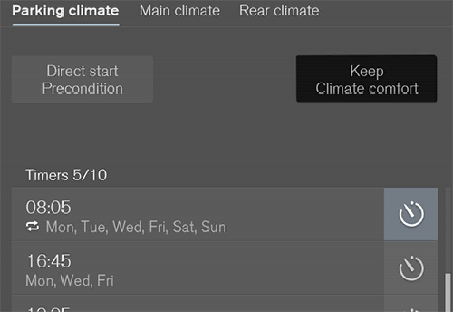 Button for climate comfort retention in the Parking climate tab in the climate view.