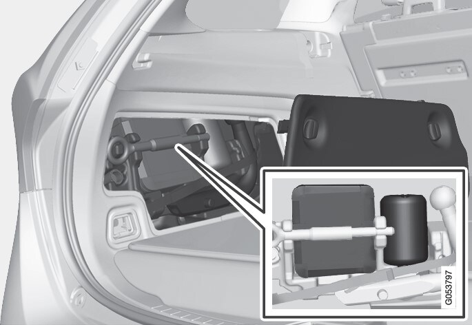 緊急刺穿修復工具位於行李廂側邊艙板後方。