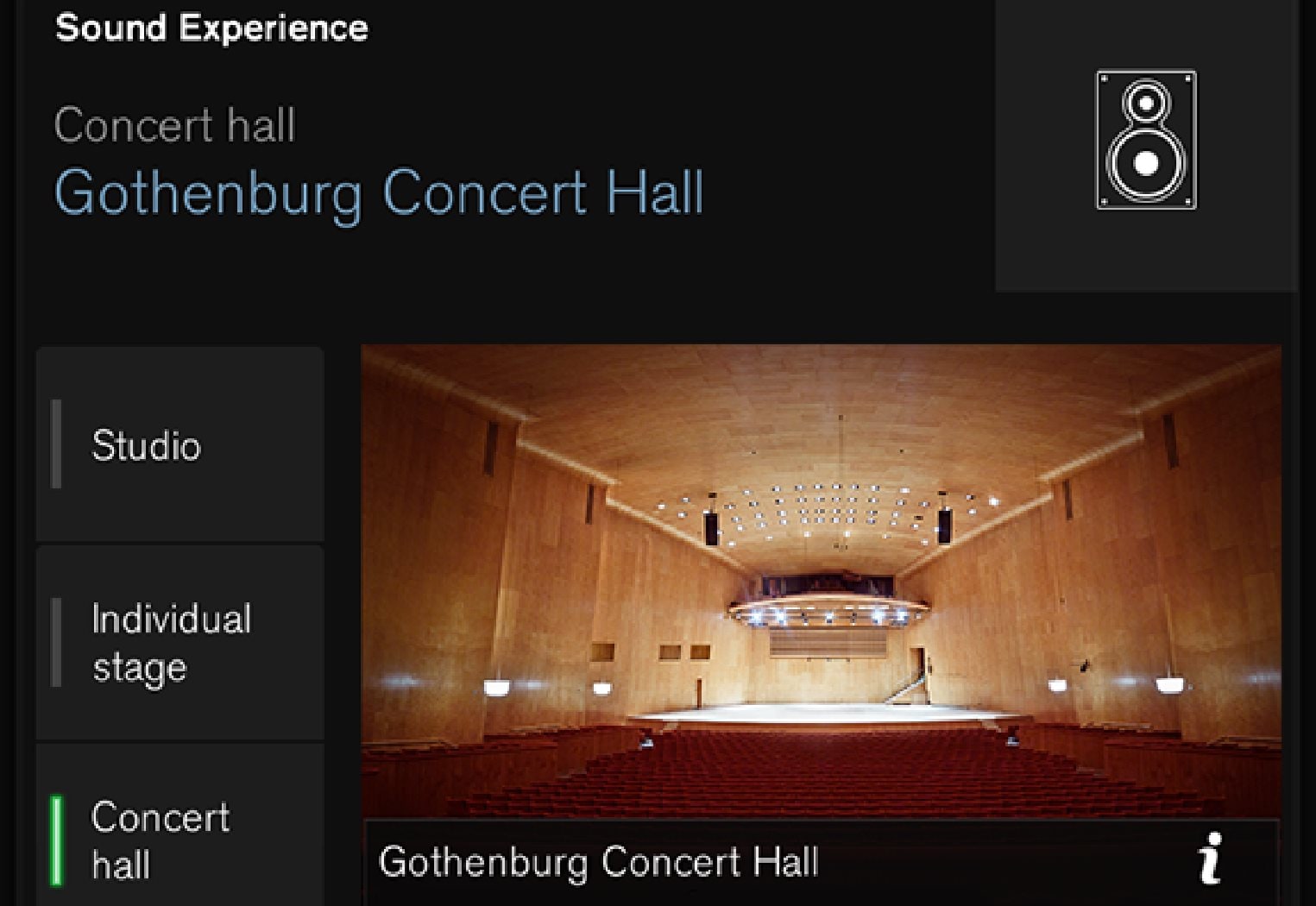 Audiomodus die de akoestiek van het concertgebouw van Gotenburg nabootst.