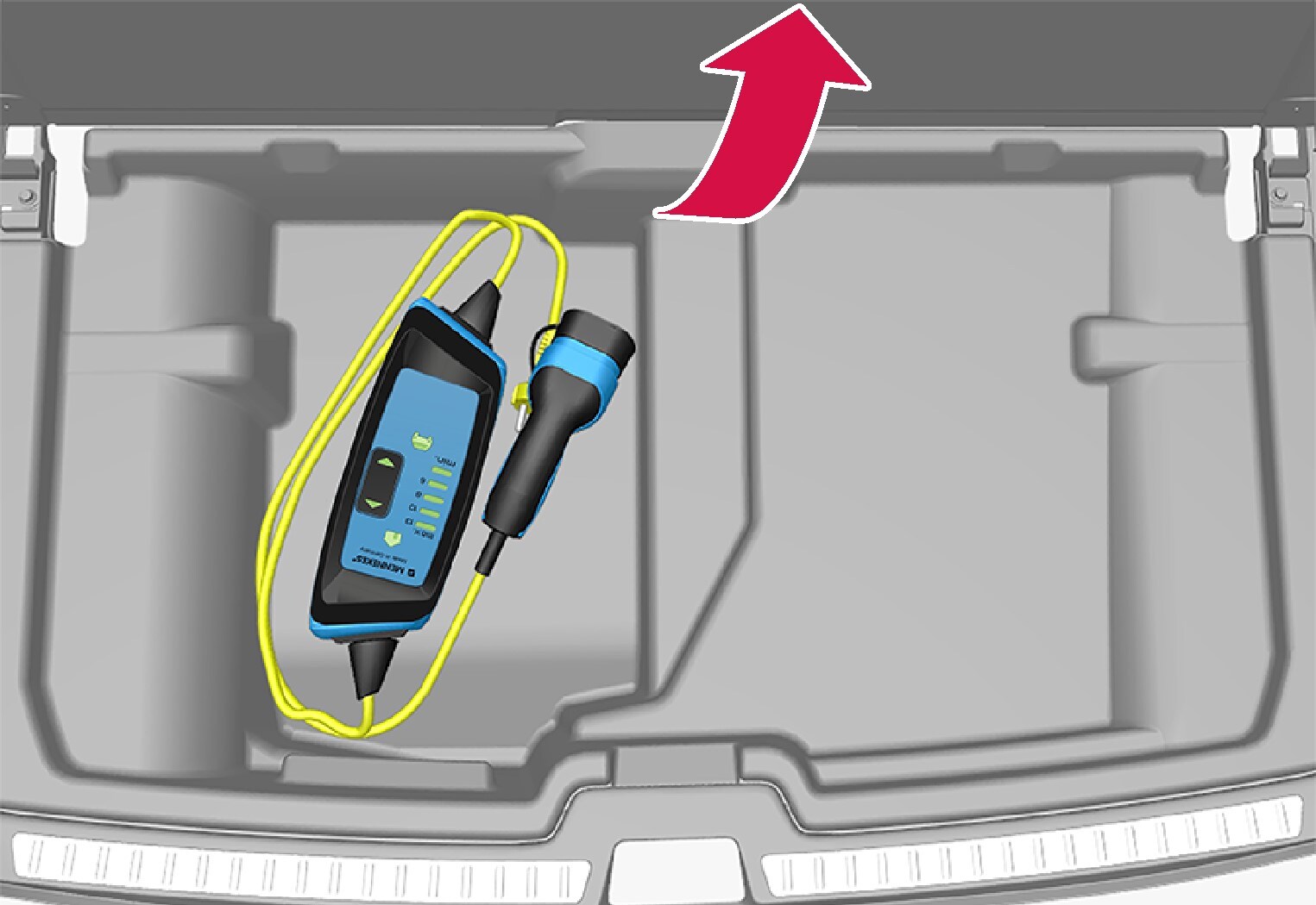The charging cable is located in the storage compartment under the cargo area's floor cover.