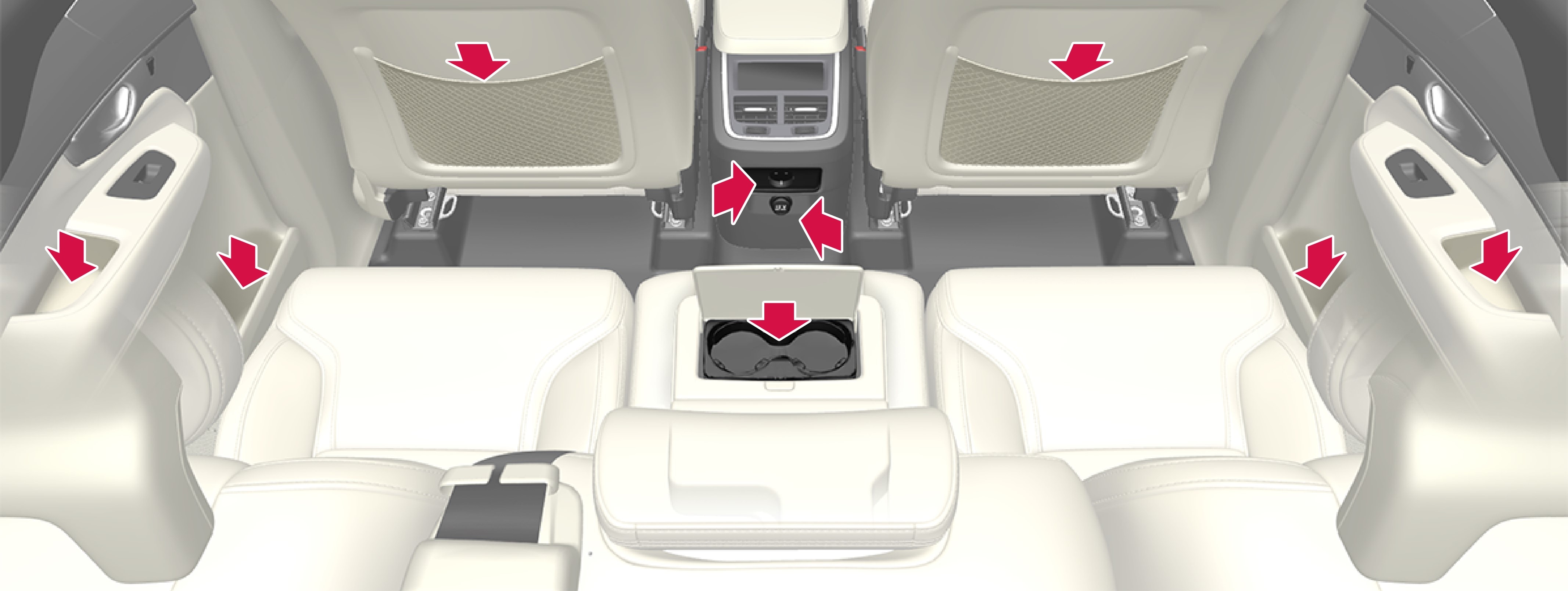 Storage compartment and ashtray in the door panel, cup holder in the centre seat backrest, storage pocket on the front seat backrest and also electrical sockets and cigarette lighter in the tunnel console.