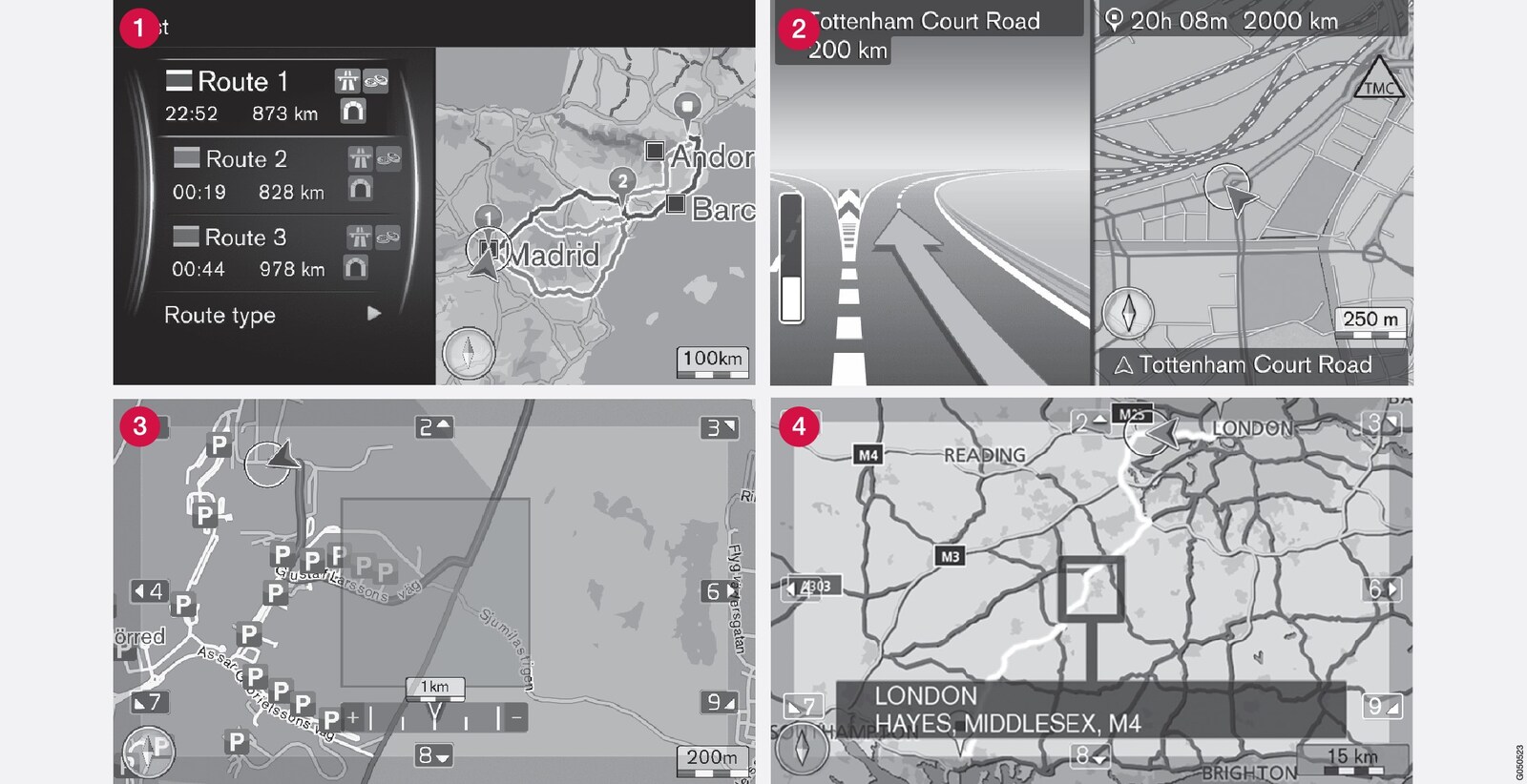 Exemplo de imagens do mapa para a posição actual. Itinerário, mapa de cruzamento e modo percorrer são algumas das vistas que o ecrã pode apresentar. NOTA! As imagens são ilustrativas - os elementos podem variar com a versão do software e o mercado.