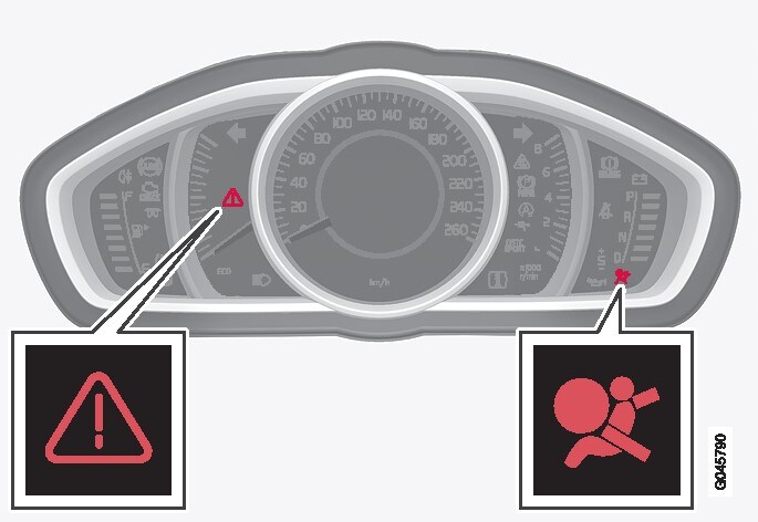 Triángulo de advertencia y símbolo de advertencia del sistema de airbagssistema de airbags  en el cuadro de instrumentos analógico.