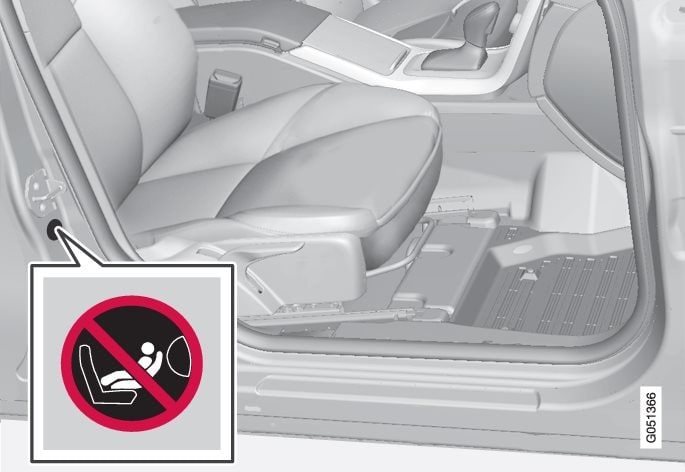 Alternatief 2: Locatie van de waarschuwingssticker voor de passagiersairbag op de portierstijl aan passagierszijde. Bij het openen van het passagiersportier is de sticker zichtbaar.