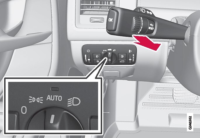 Stalk switch and knob for headlamp control in AUTO position.