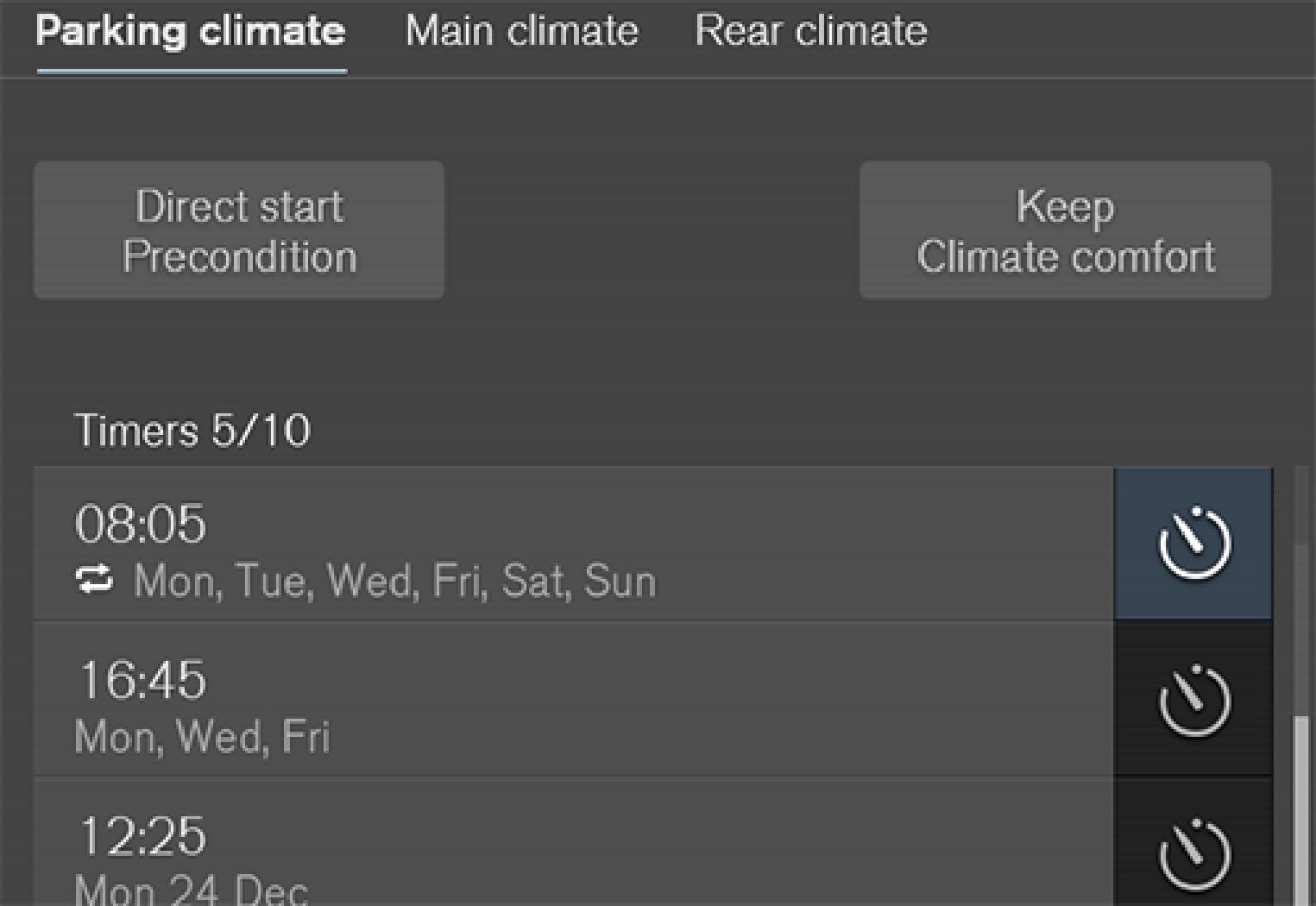 The timer buttons in the Parking climate tab in the climate view.
