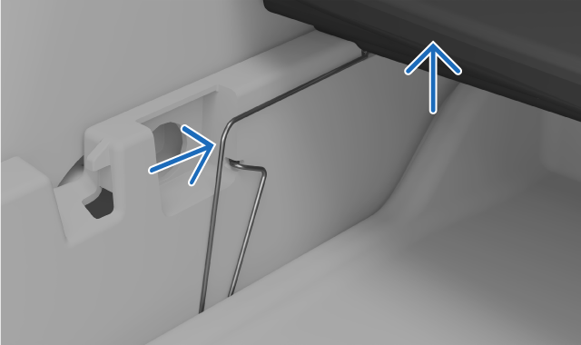 Left-hand-side locking clip and lifted cargo hatch.
